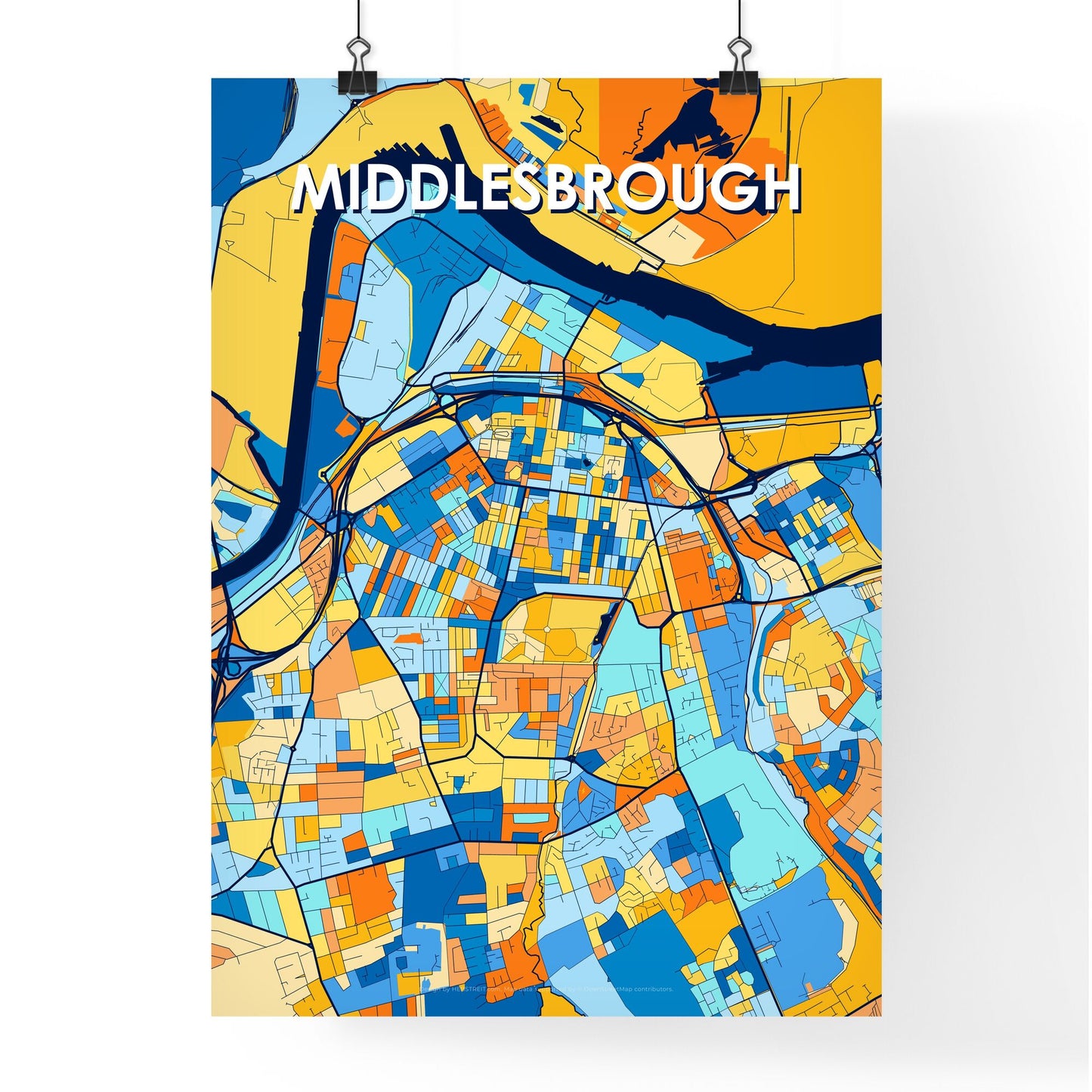 MIDDLESBROUGH ENGLAND Vibrant Colorful Art Map Poster Blue Orange