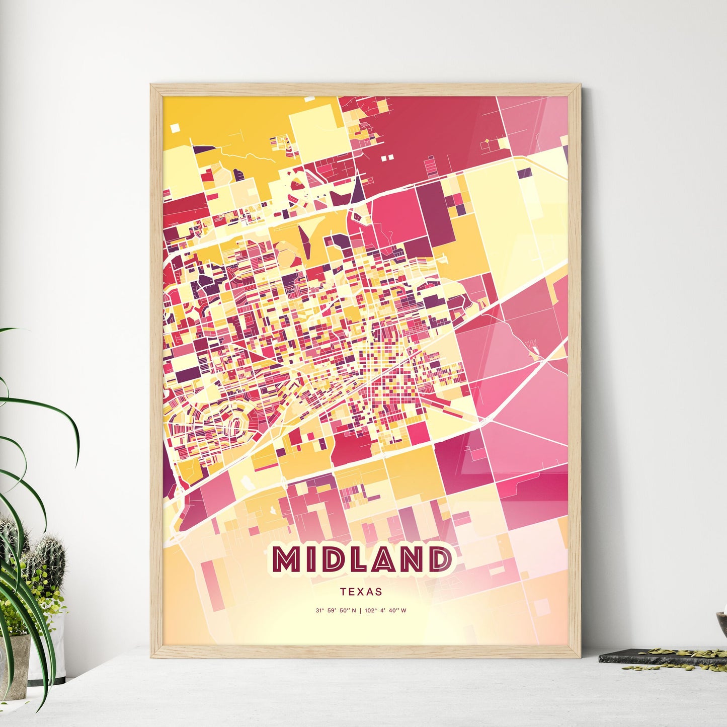 Colorful Midland Texas Fine Art Map Hot Red