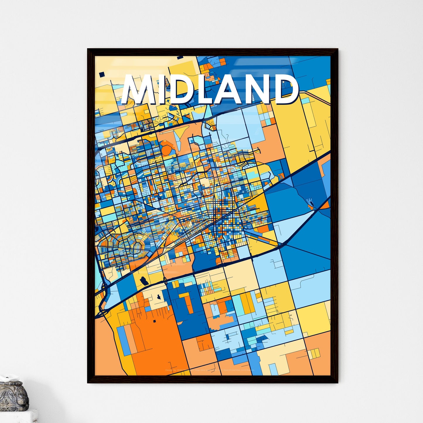 MIDLAND TEXAS Vibrant Colorful Art Map Poster Blue Orange