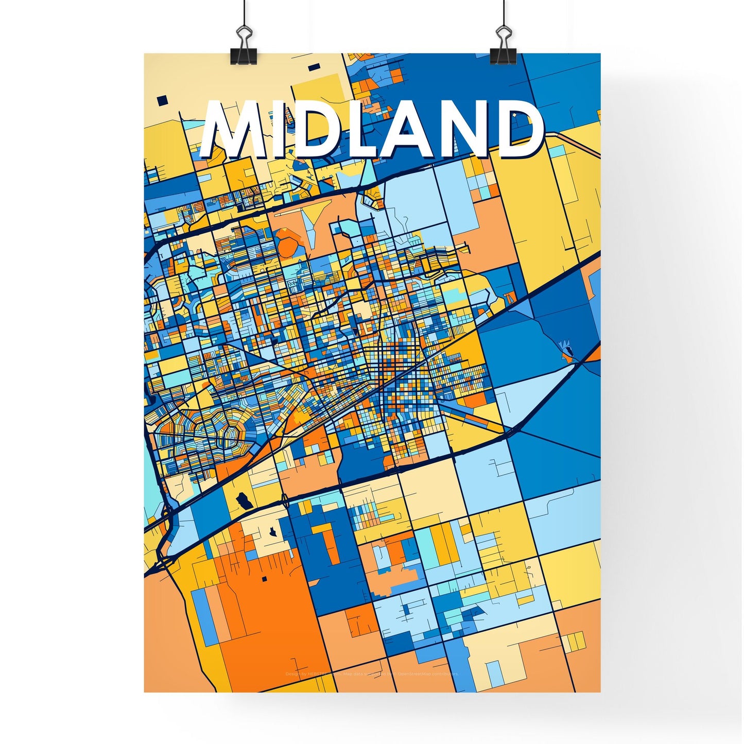 MIDLAND TEXAS Vibrant Colorful Art Map Poster Blue Orange