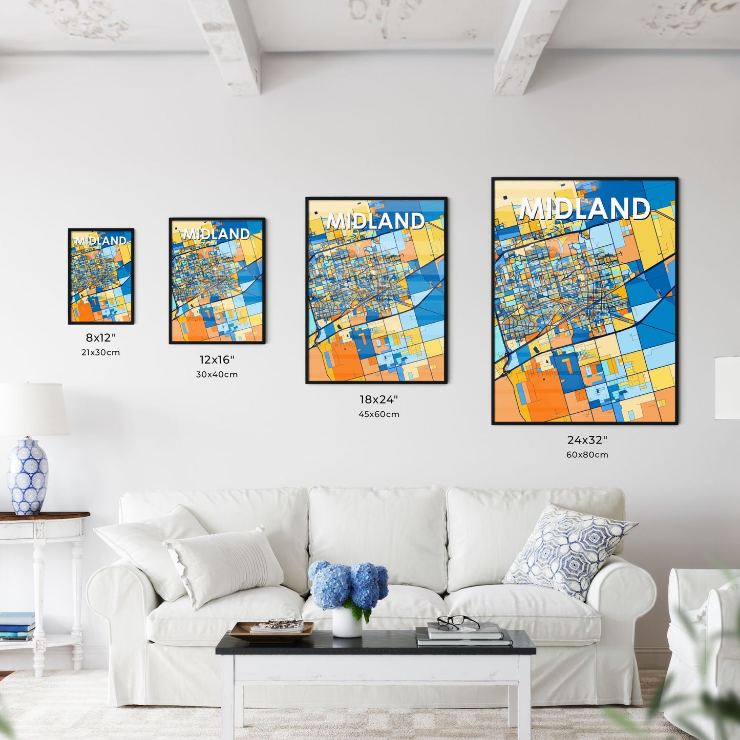 MIDLAND TEXAS Vibrant Colorful Art Map Poster Blue Orange