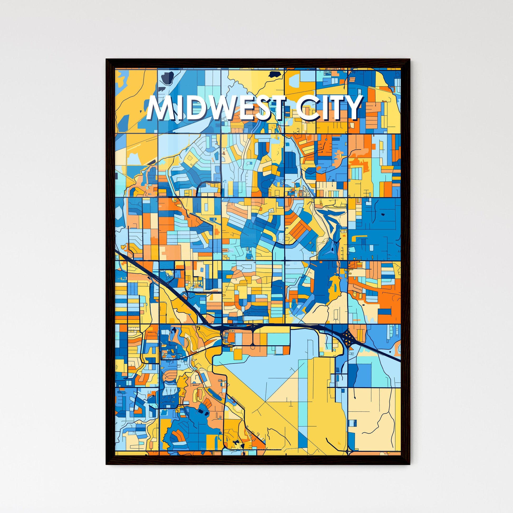 MIDWEST CITY OKLAHOMA Vibrant Colorful Art Map Poster Blue Orange