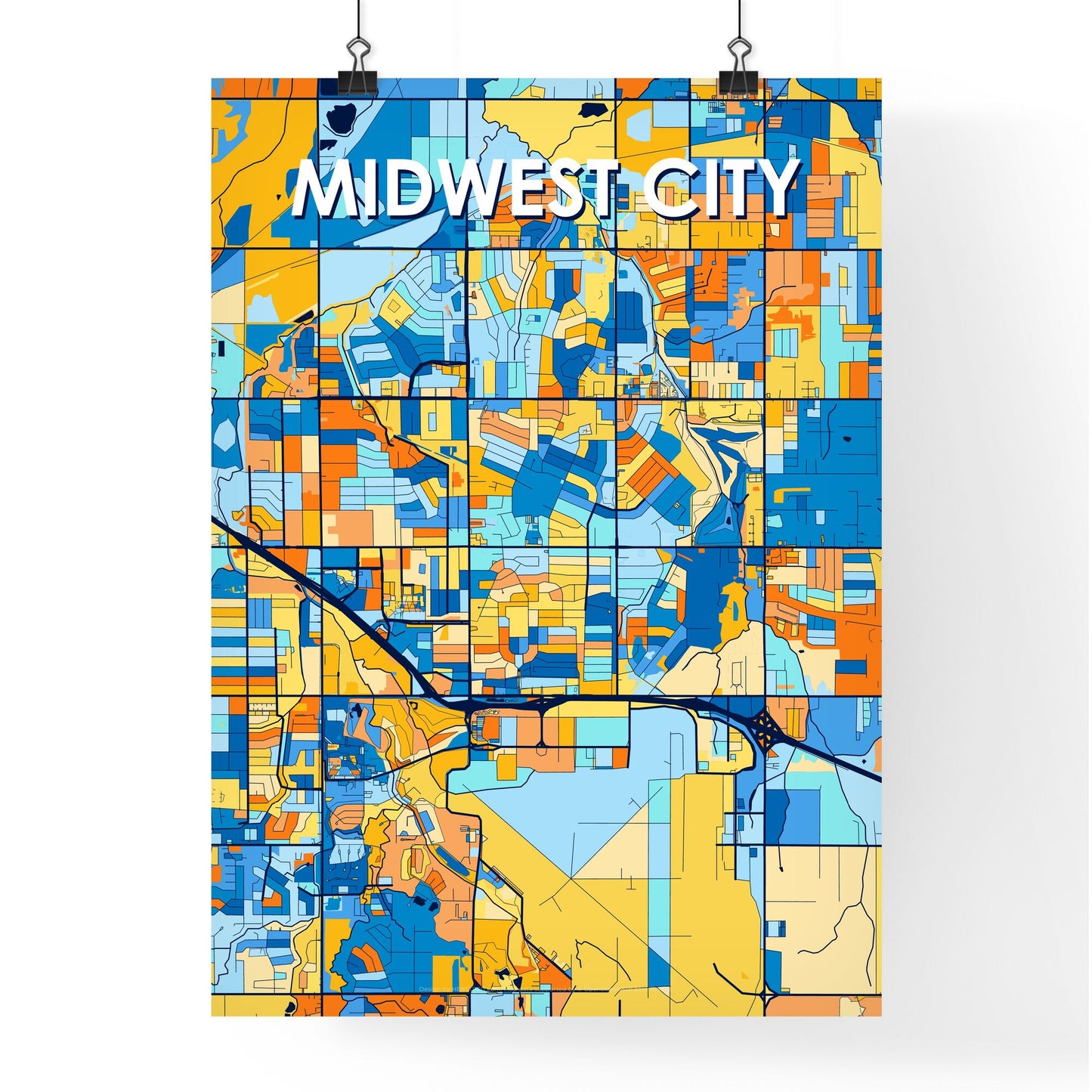 MIDWEST CITY OKLAHOMA Vibrant Colorful Art Map Poster Blue Orange