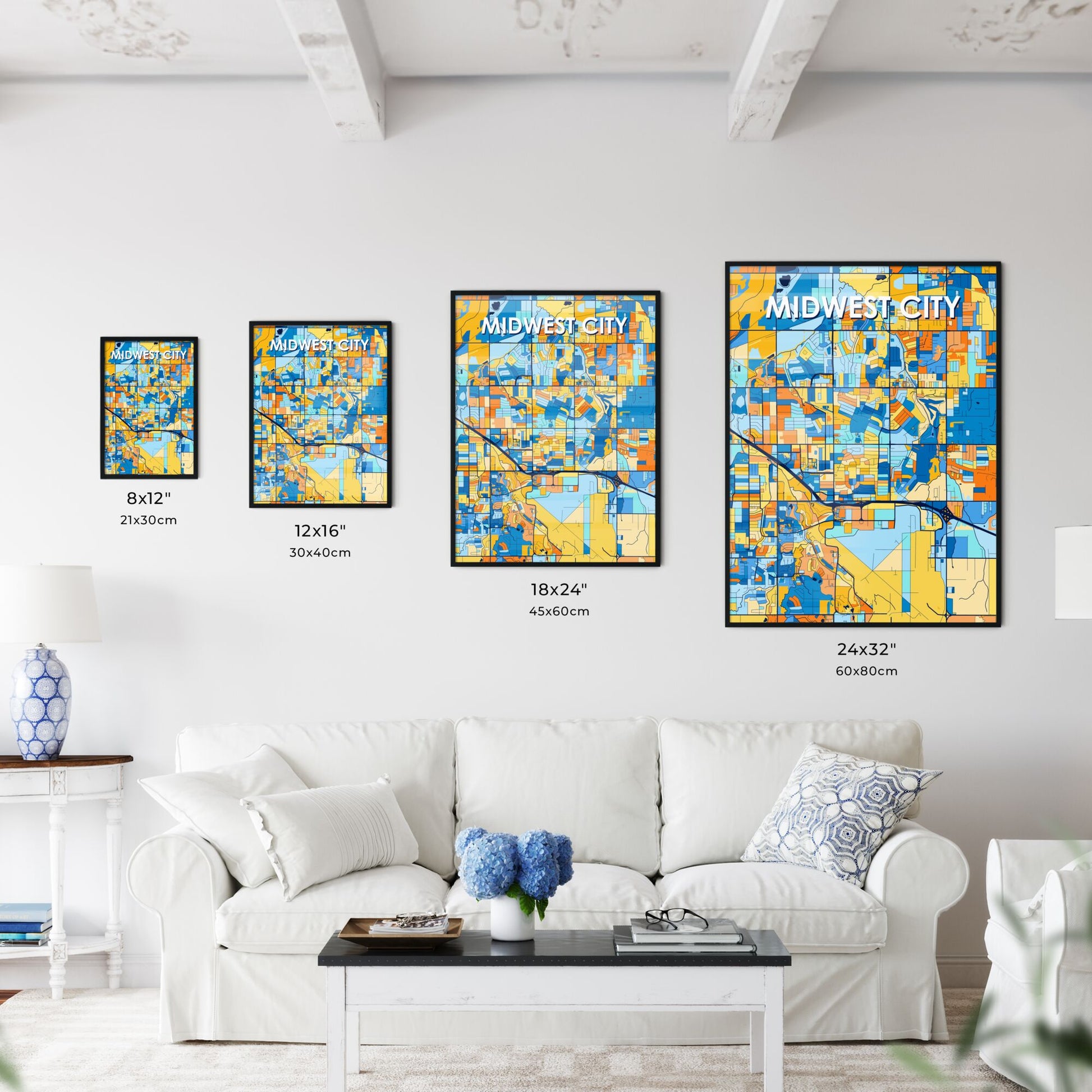 MIDWEST CITY OKLAHOMA Vibrant Colorful Art Map Poster Blue Orange