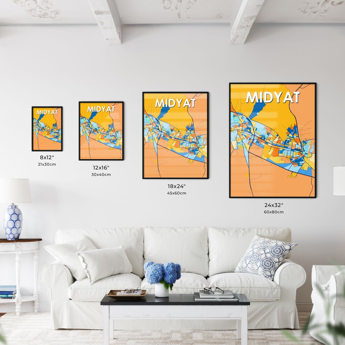 MIDYAT TURKEY Vibrant Colorful Art Map Poster Blue Orange