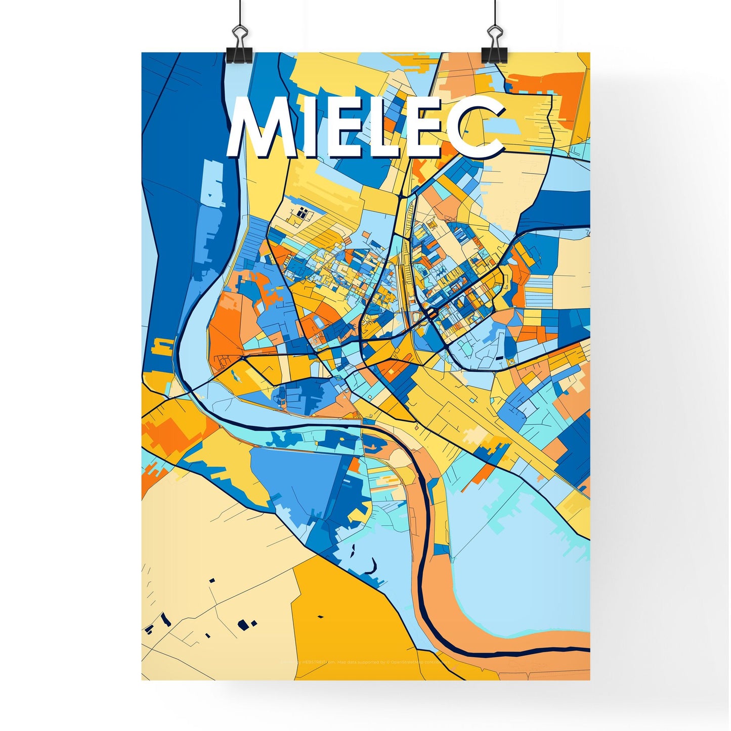 MIELEC POLAND Vibrant Colorful Art Map Poster Blue Orange