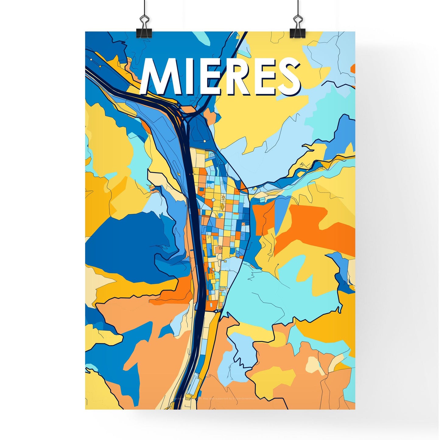 MIERES SPAIN Vibrant Colorful Art Map Poster Blue Orange