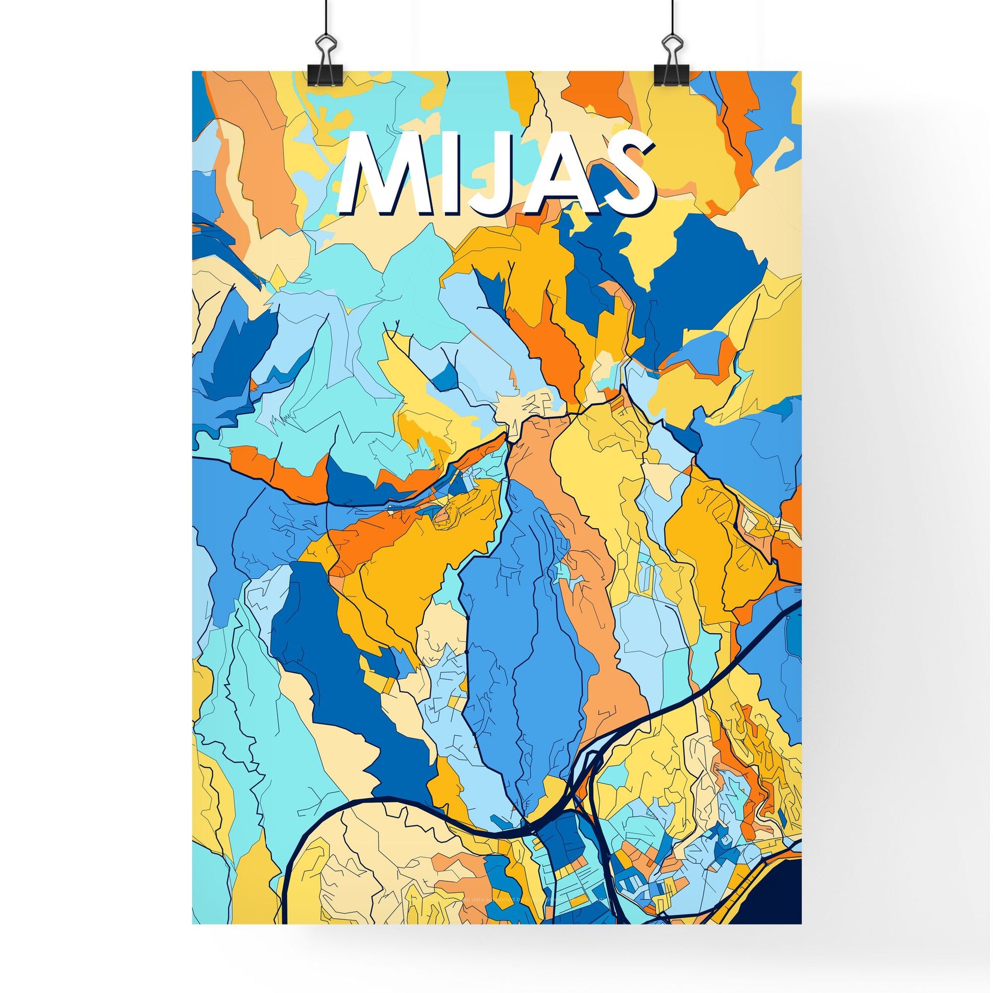 MIJAS SPAIN Vibrant Colorful Art Map Poster Blue Orange