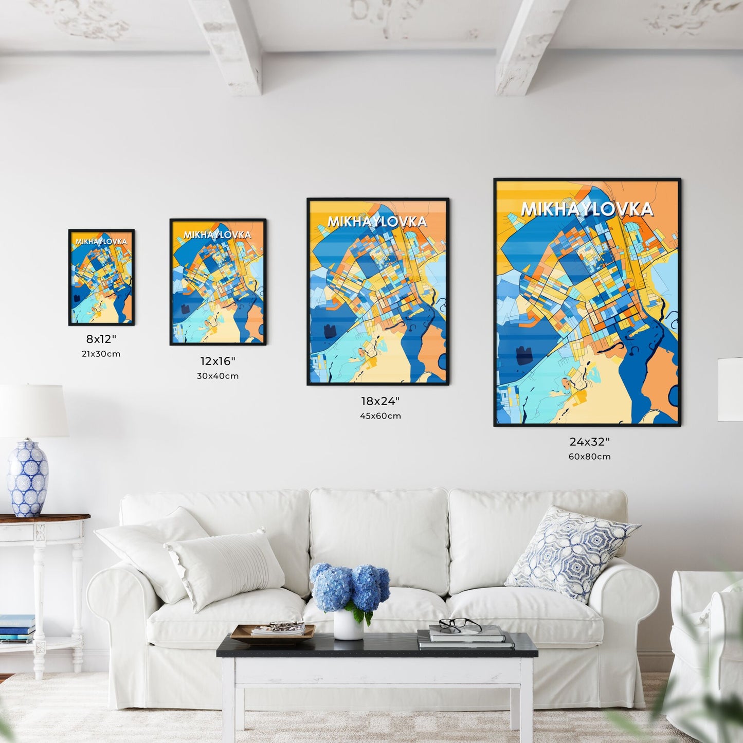 MIKHAYLOVKA RUSSIA Vibrant Colorful Art Map Poster Blue Orange