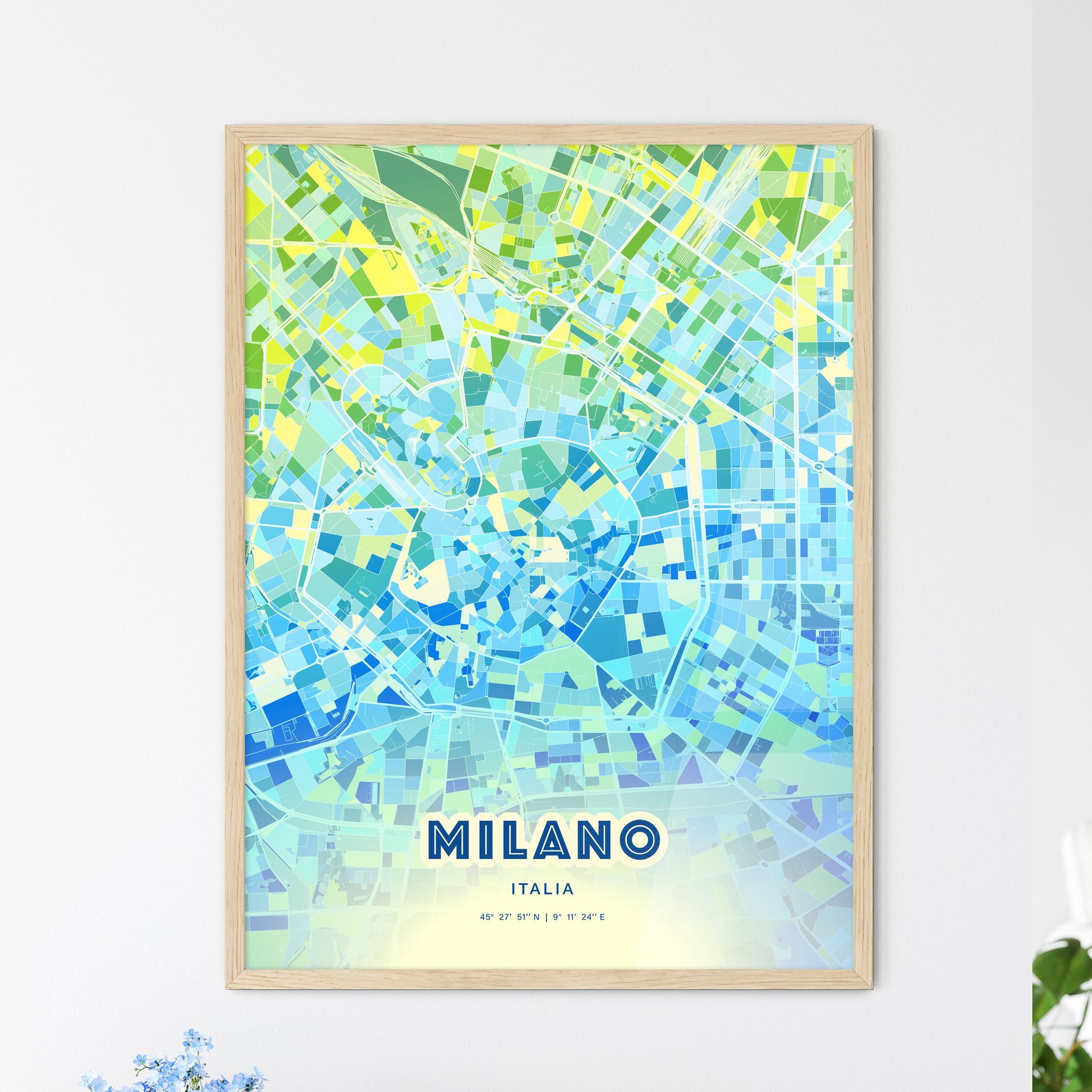 Colorful Milan Italy Fine Art Map Cool Blue