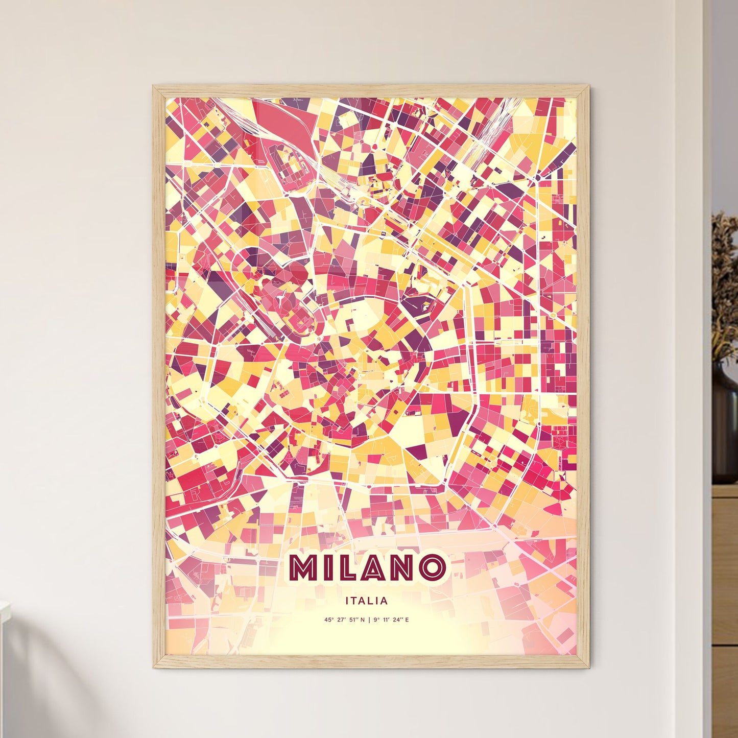 Colorful Milan Italy Fine Art Map Hot Red
