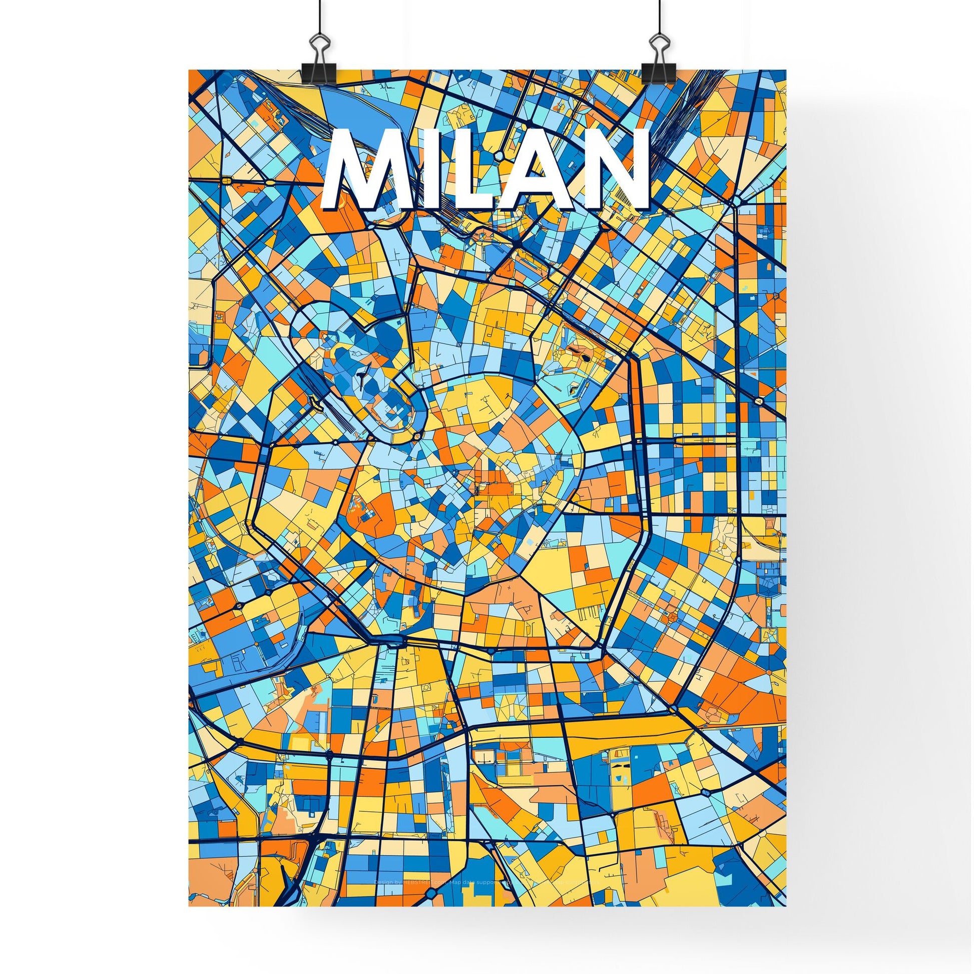 MILAN ITALY Vibrant Colorful Art Map Poster Blue Orange