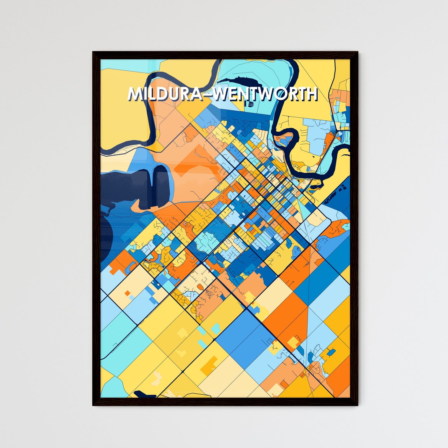 MILDURA–WENTWORTH AUSTRALIA Vibrant Colorful Art Map Poster Blue Orange