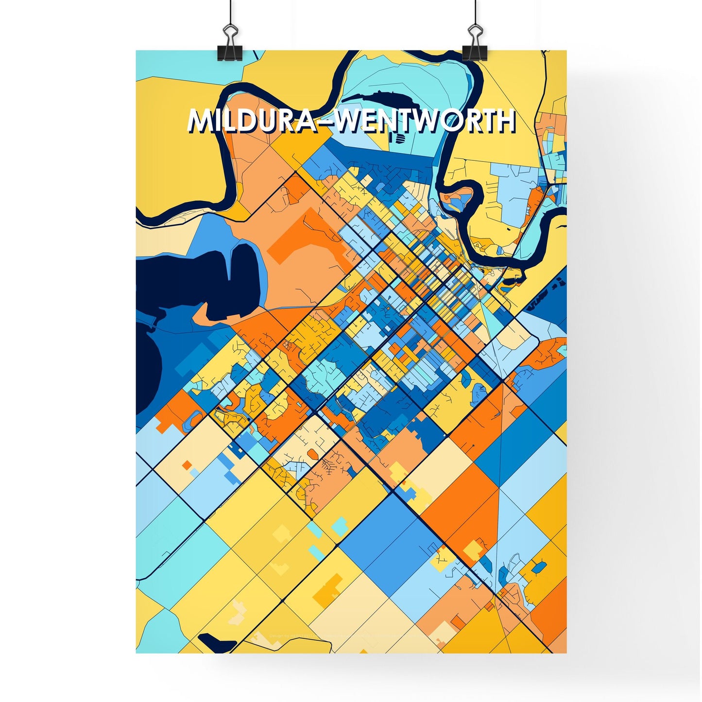 MILDURA–WENTWORTH AUSTRALIA Vibrant Colorful Art Map Poster Blue Orange