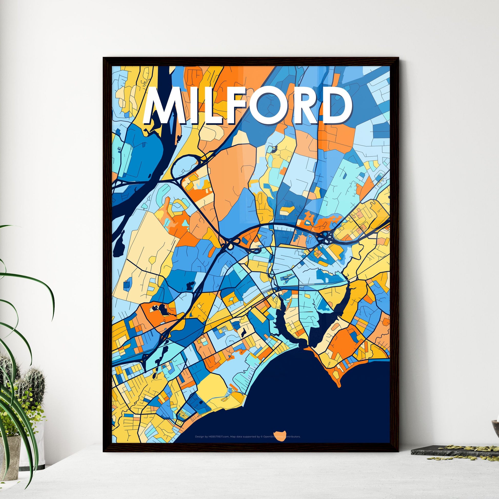 MILFORD CONNECTICUT Vibrant Colorful Art Map Poster Blue Orange