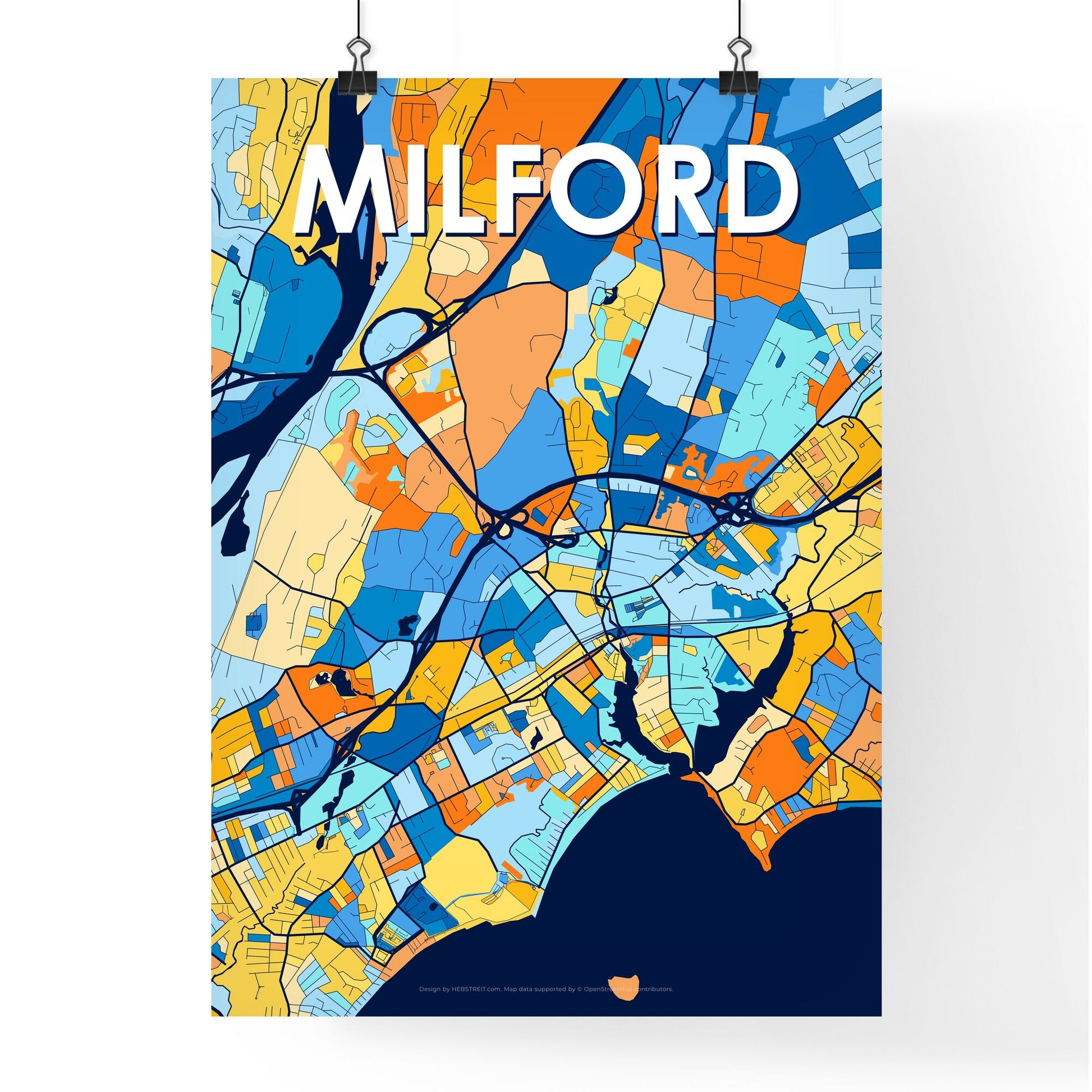 MILFORD CONNECTICUT Vibrant Colorful Art Map Poster Blue Orange