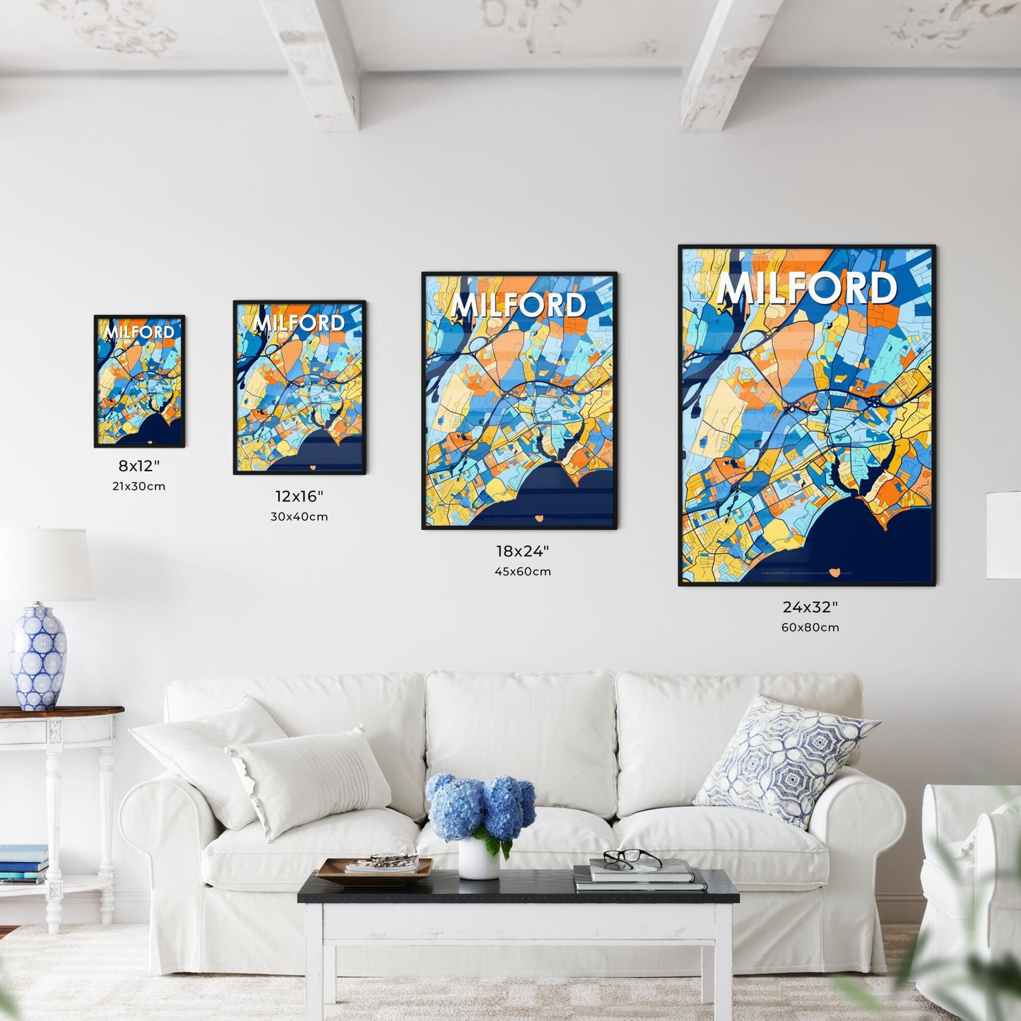 MILFORD CONNECTICUT Vibrant Colorful Art Map Poster Blue Orange