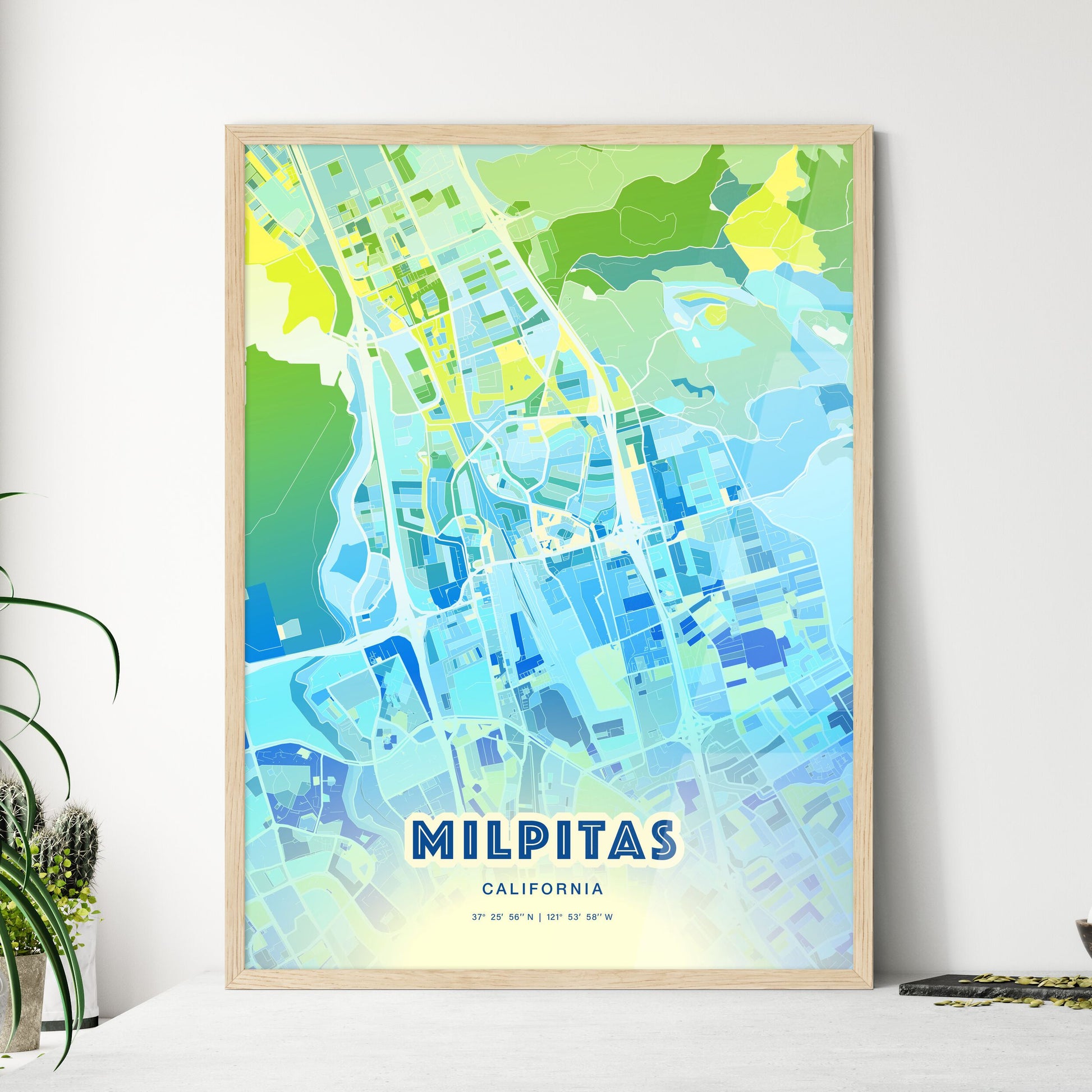 Colorful Milpitas California Fine Art Map Cool Blue
