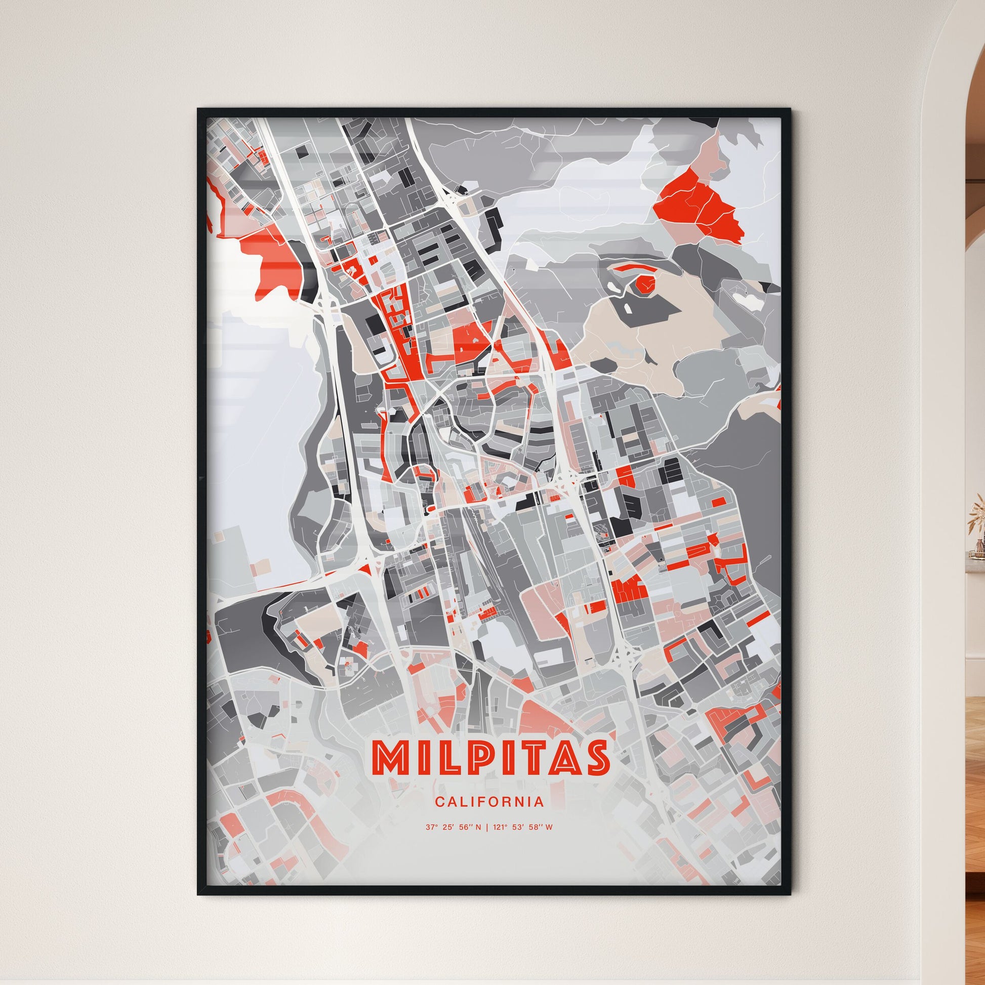 Colorful Milpitas California Fine Art Map Modern Expressive