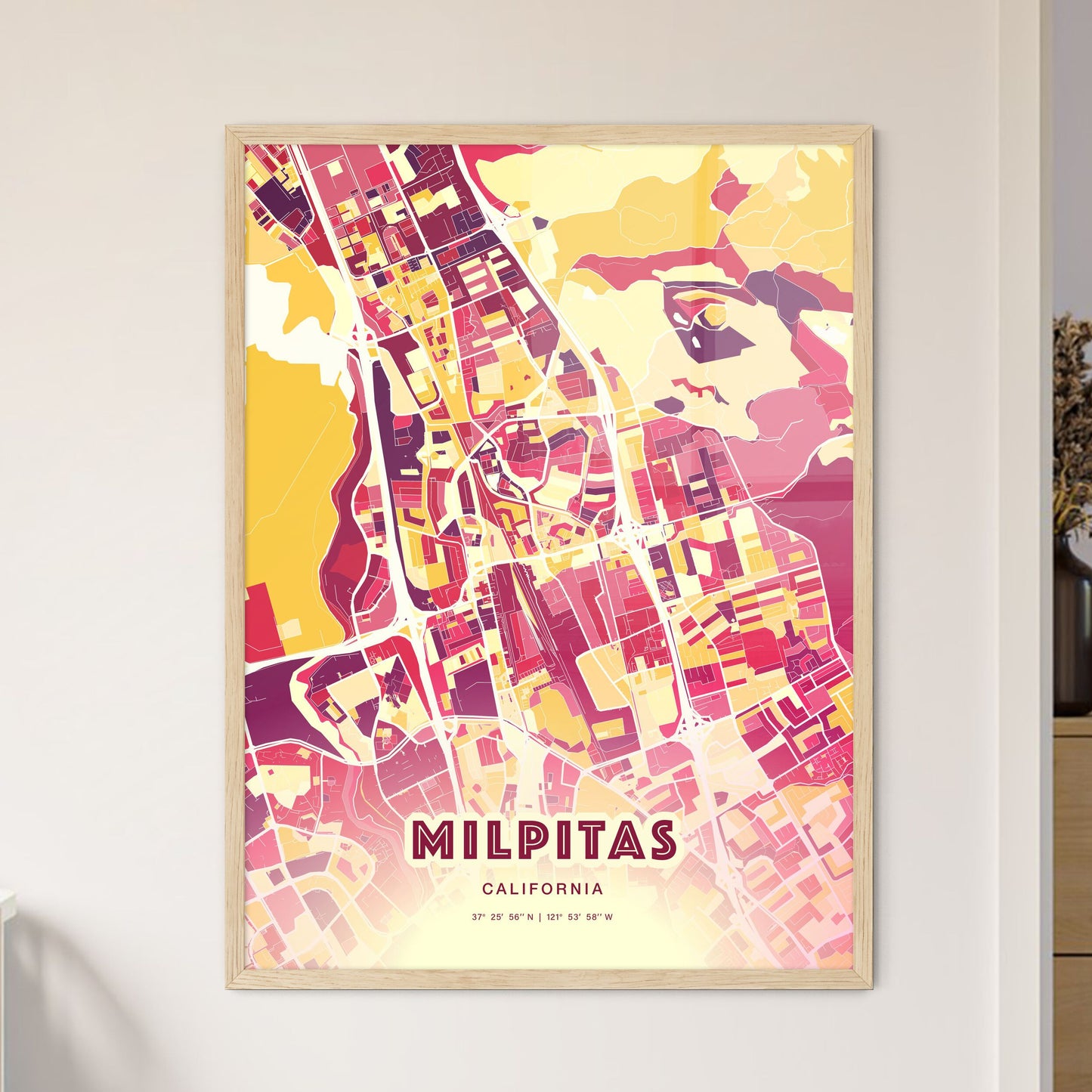 Colorful Milpitas California Fine Art Map Hot Red