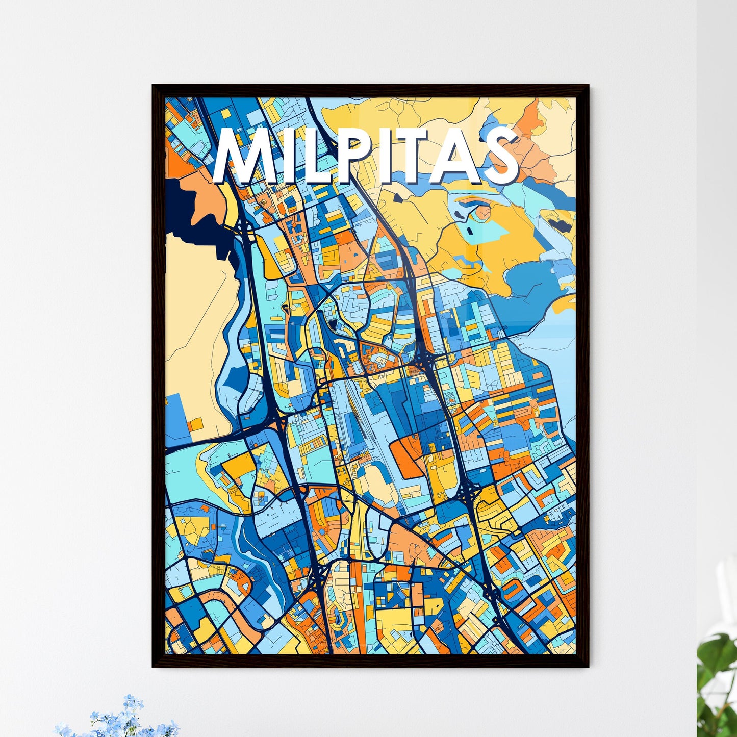 MILPITAS CALIFORNIA Vibrant Colorful Art Map Poster Blue Orange