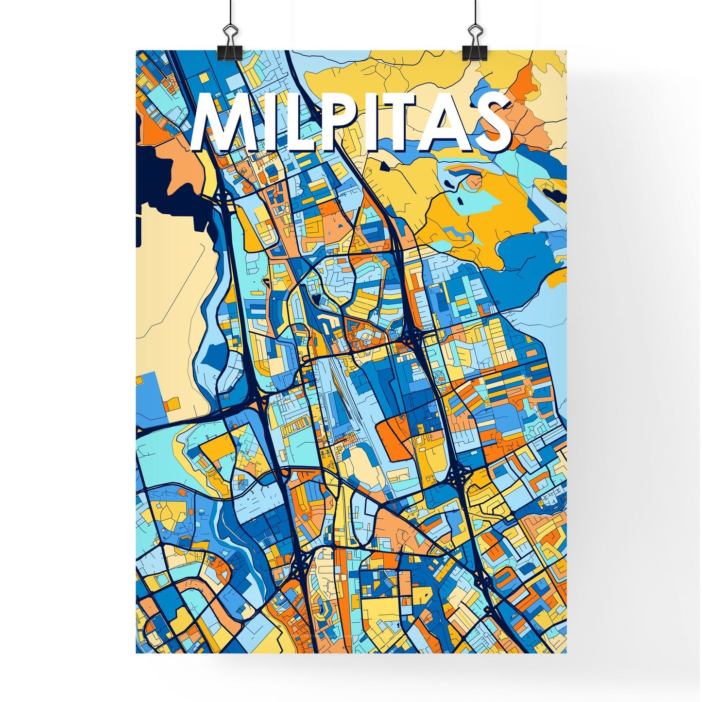 MILPITAS CALIFORNIA Vibrant Colorful Art Map Poster Blue Orange