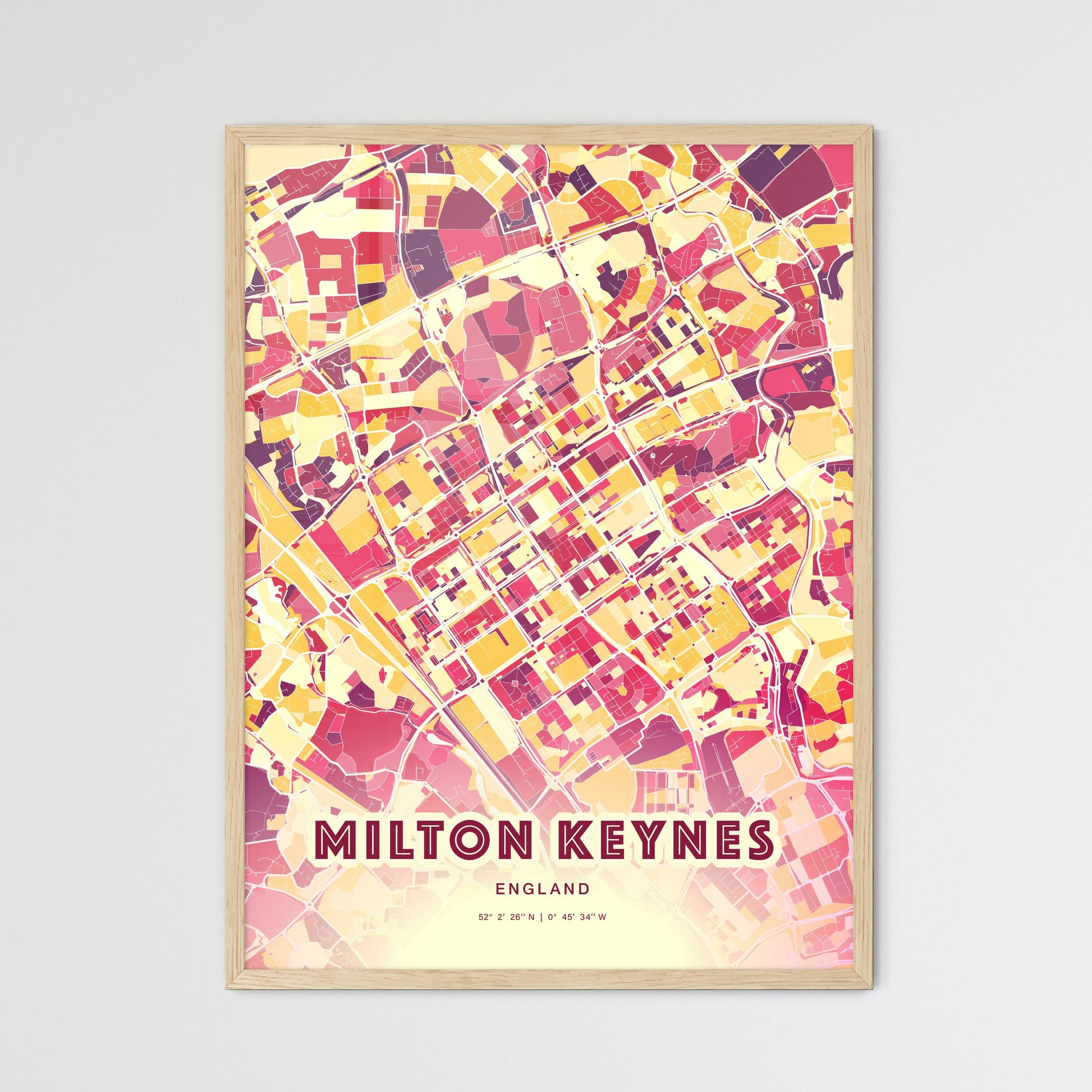 Colorful Milton Keynes England Fine Art Map Hot Red