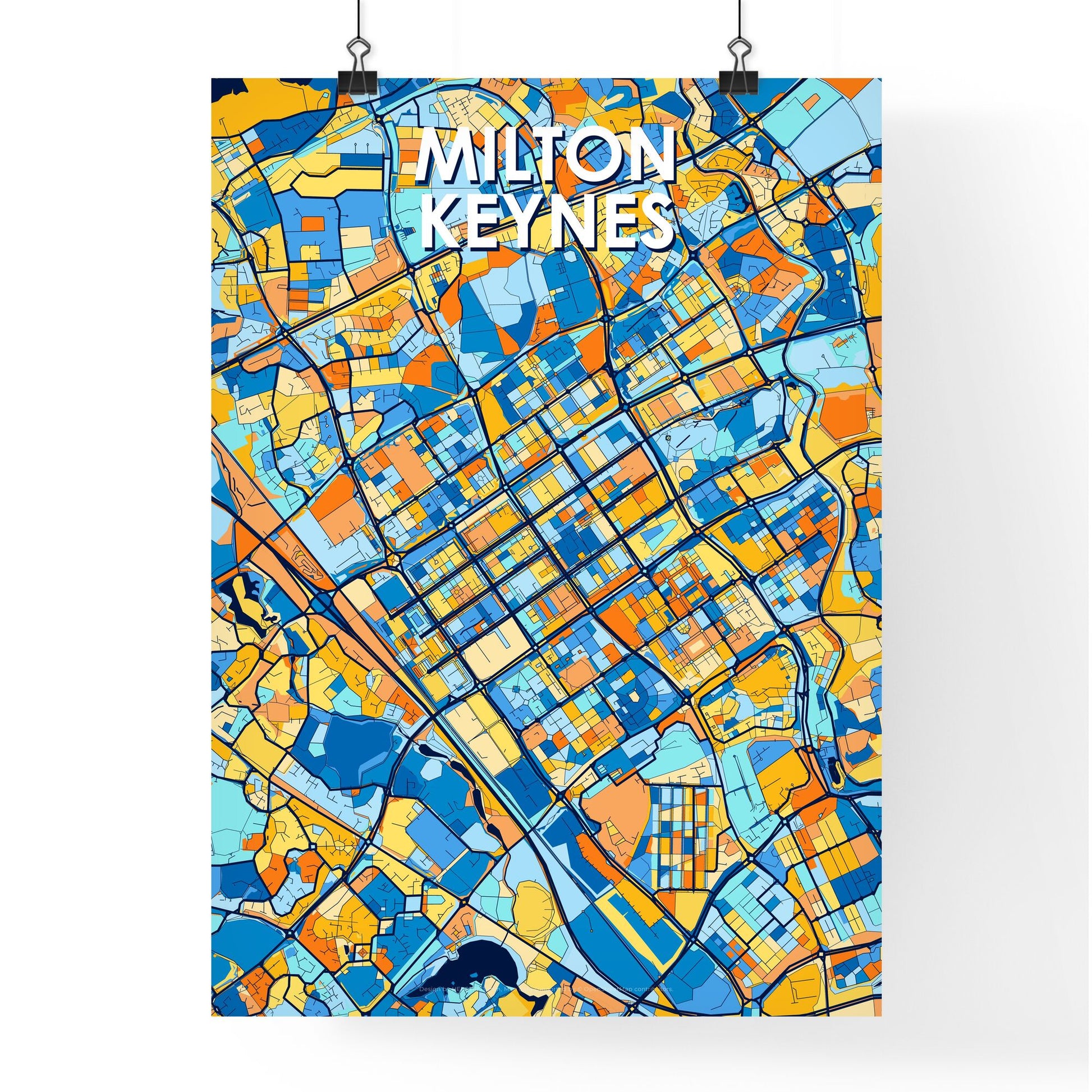 MILTON KEYNES ENGLAND Vibrant Colorful Art Map Poster Blue Orange