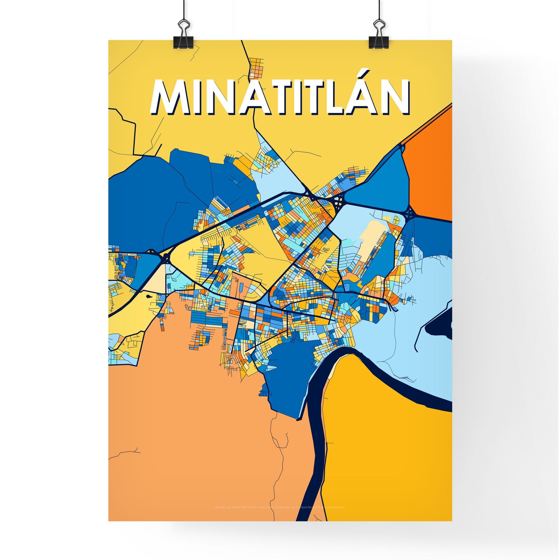 MINATITLÁN MEXICO Vibrant Colorful Art Map Poster Blue Orange