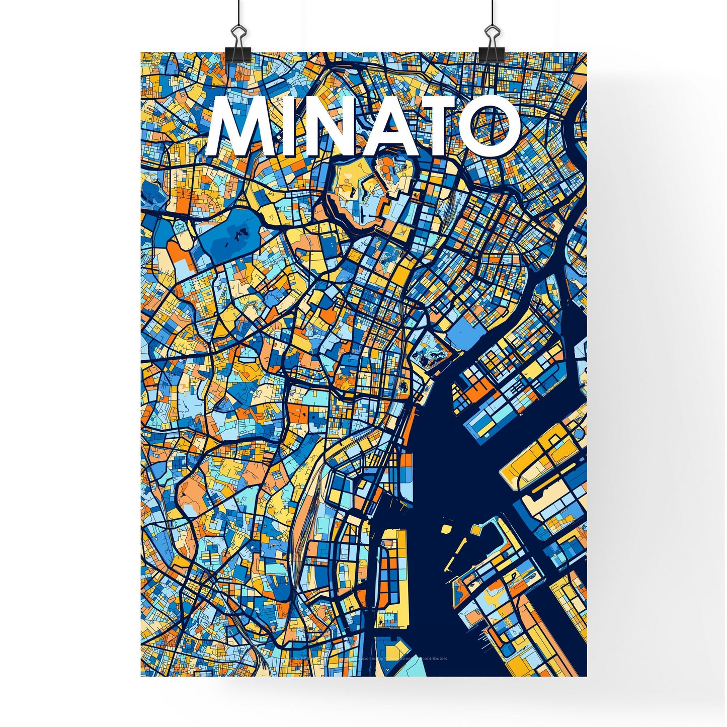 MINATO JAPAN Vibrant Colorful Art Map Poster Blue Orange