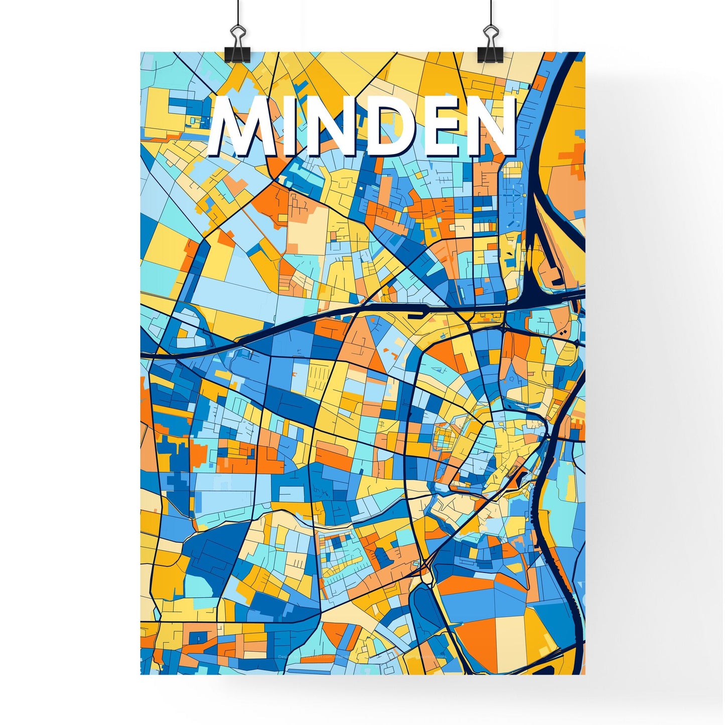 MINDEN GERMANY Vibrant Colorful Art Map Poster Blue Orange