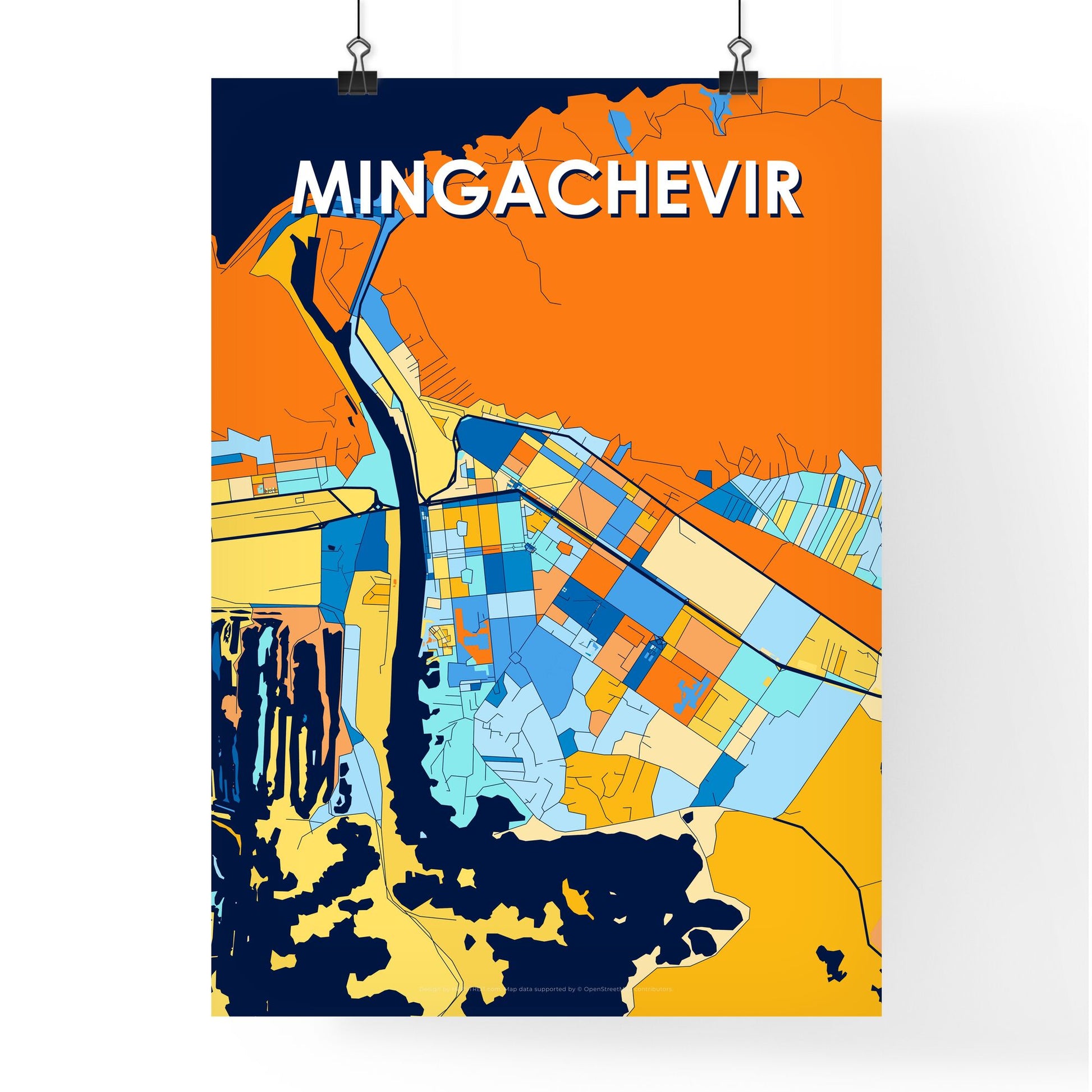 MINGACHEVIR AZERBAIJAN Vibrant Colorful Art Map Poster Blue Orange