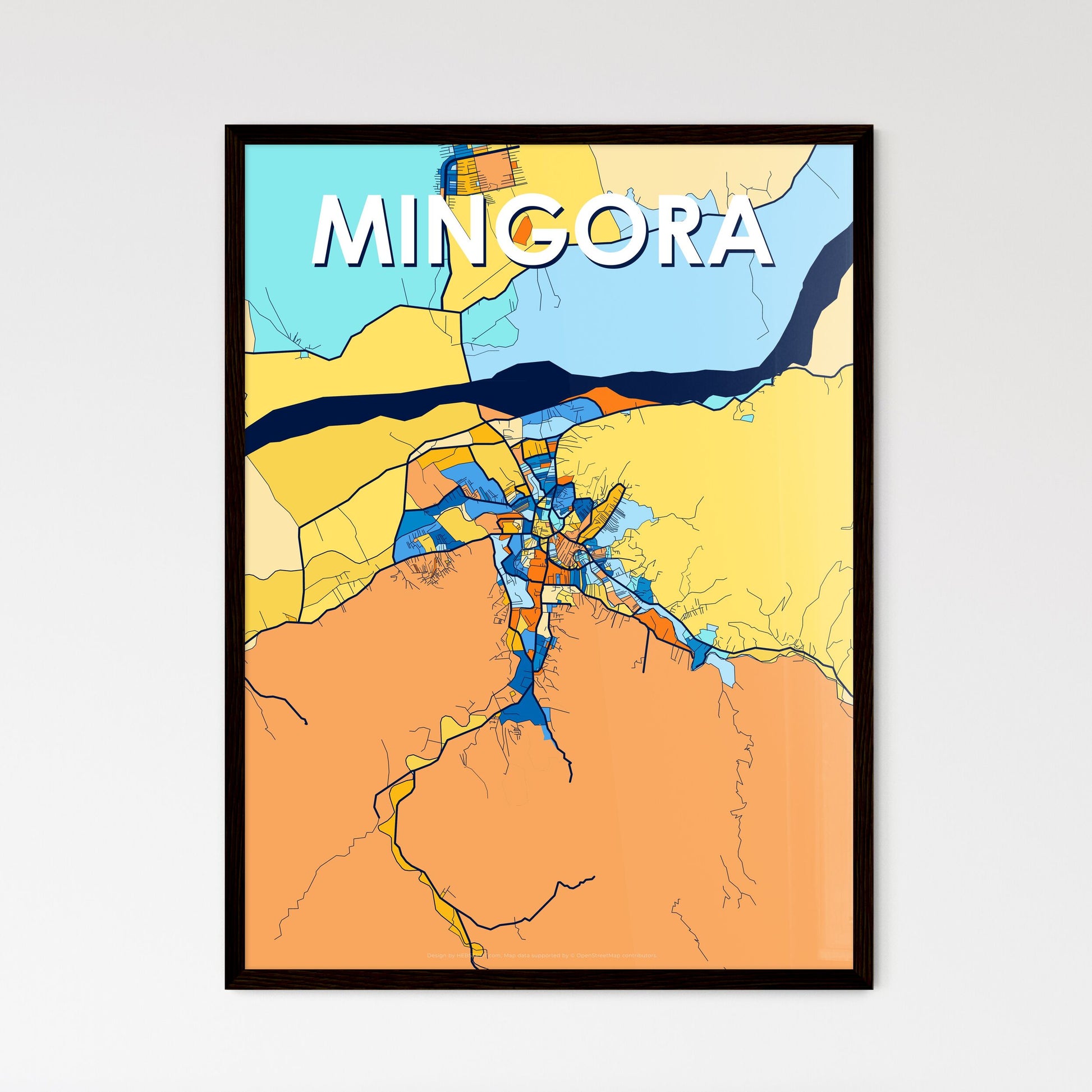 MINGORA PAKISTAN Vibrant Colorful Art Map Poster Blue Orange