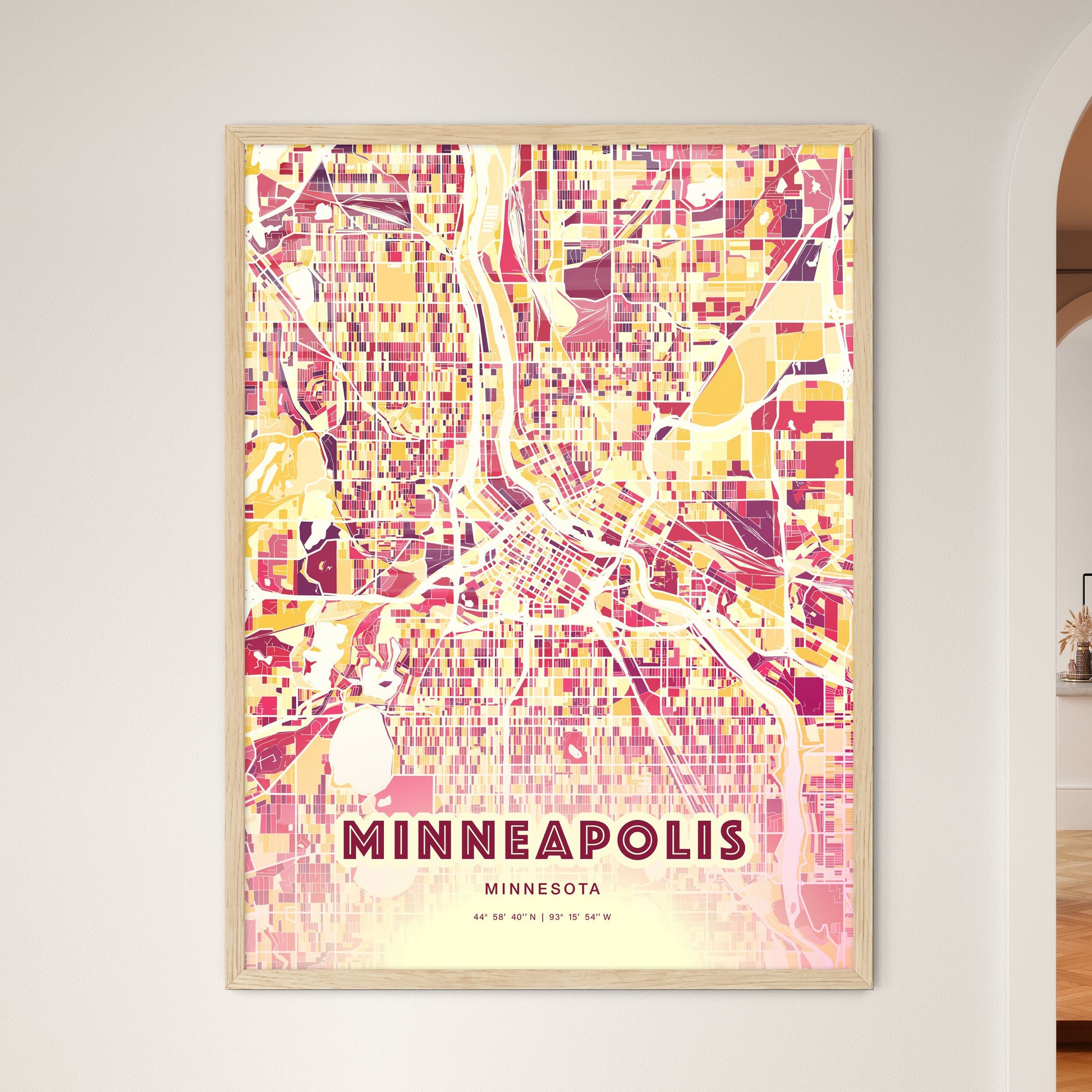 Colorful Minneapolis Minnesota Fine Art Map Hot Red