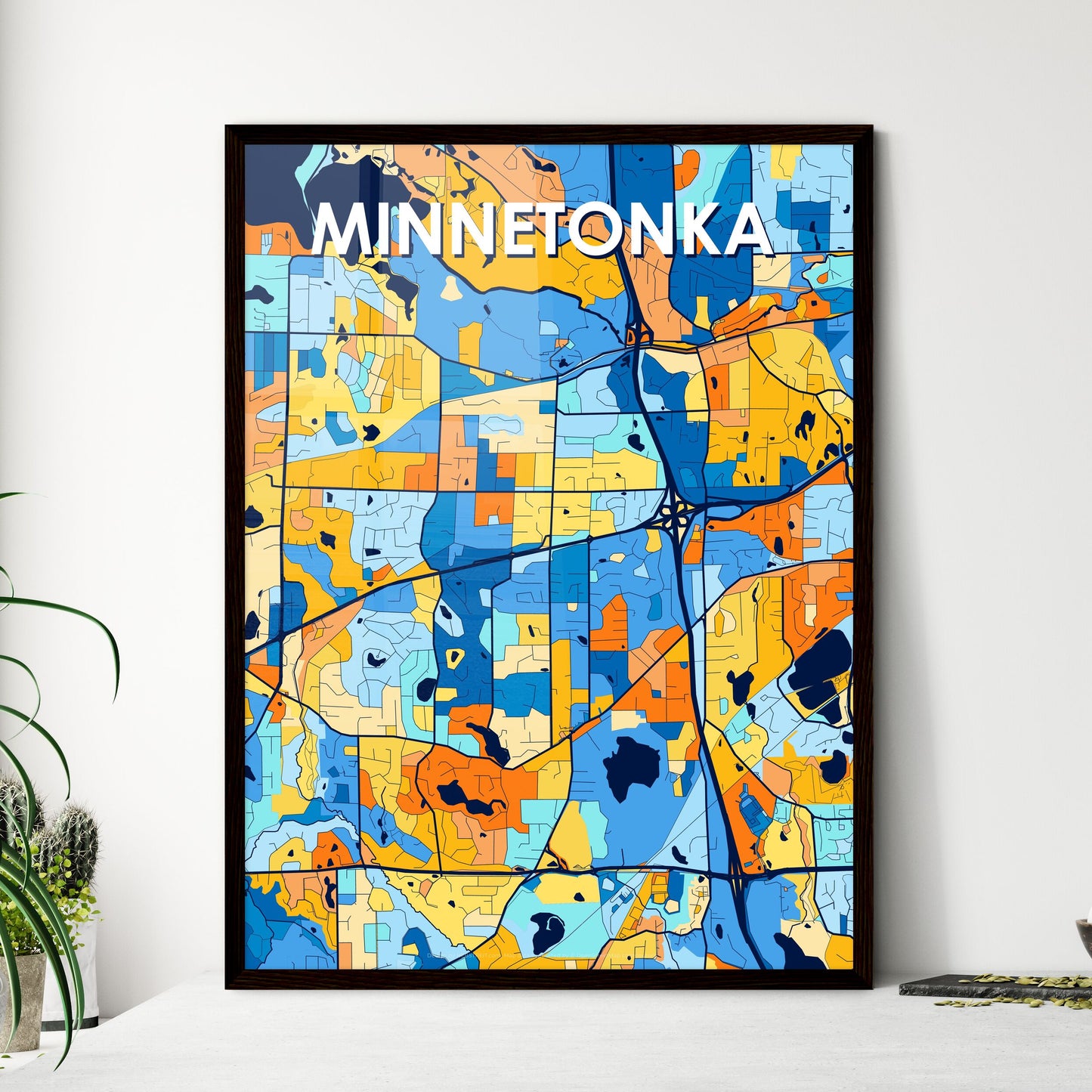 MINNETONKA MINNESOTA Vibrant Colorful Art Map Poster Blue Orange