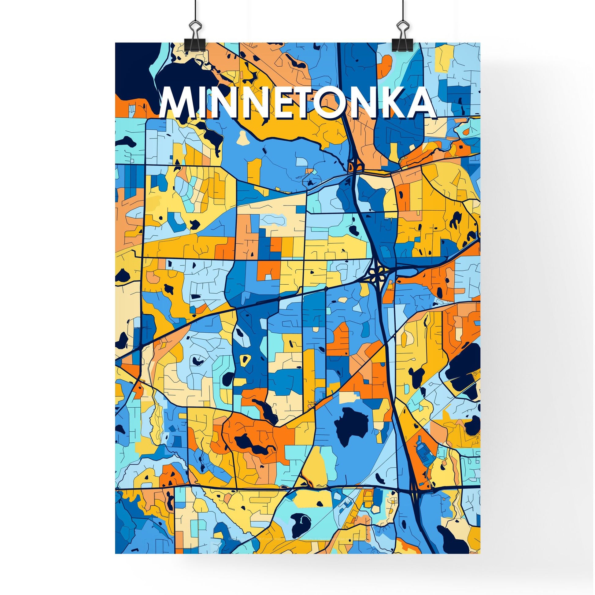 MINNETONKA MINNESOTA Vibrant Colorful Art Map Poster Blue Orange