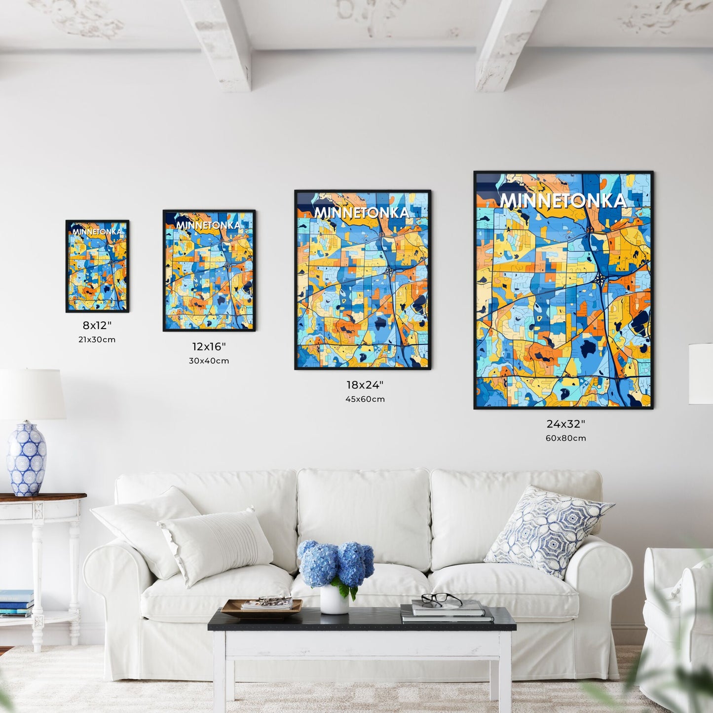 MINNETONKA MINNESOTA Vibrant Colorful Art Map Poster Blue Orange