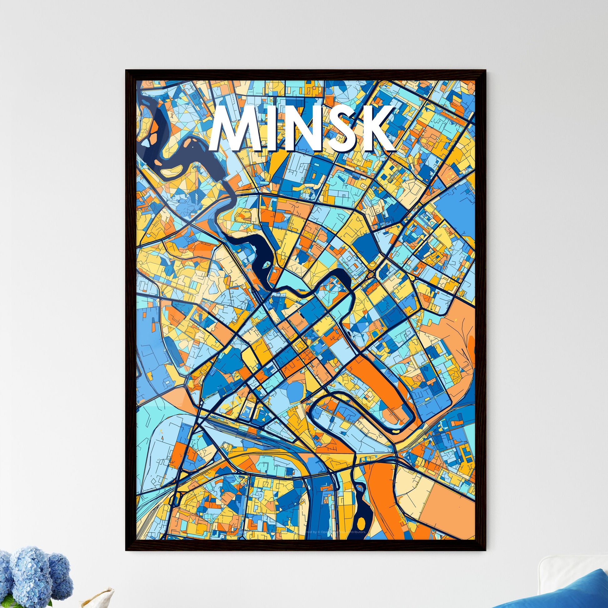 MINSK BELARUS Vibrant Colorful Art Map Poster Blue Orange