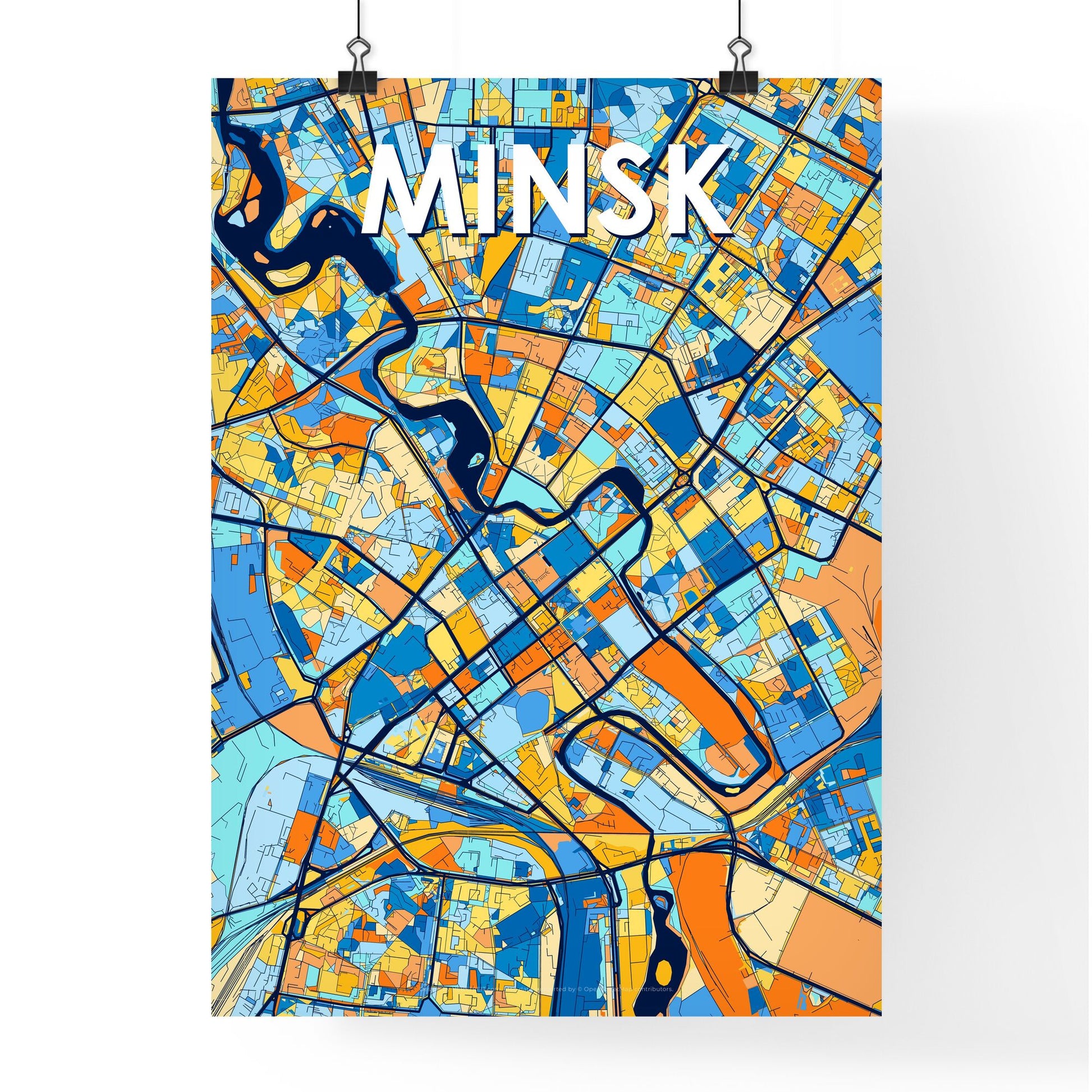 MINSK BELARUS Vibrant Colorful Art Map Poster Blue Orange