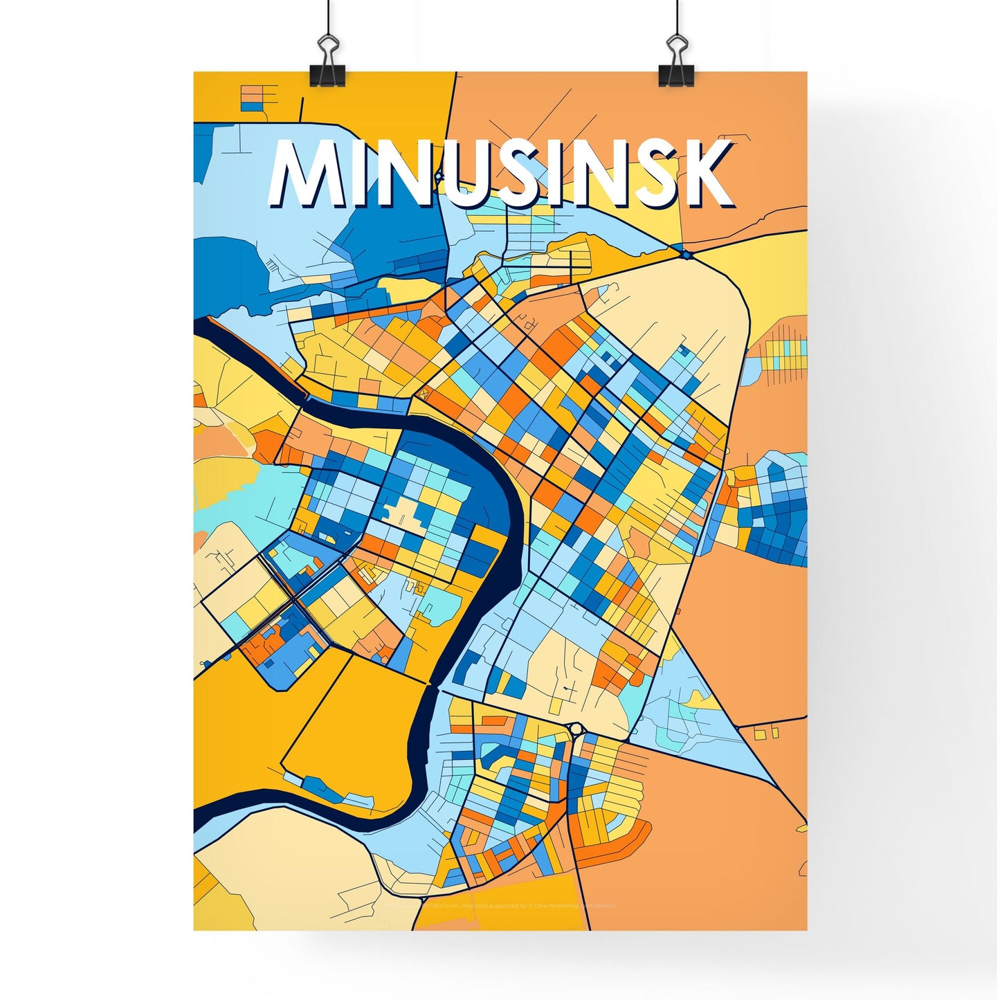 MINUSINSK RUSSIA Vibrant Colorful Art Map Poster Blue Orange