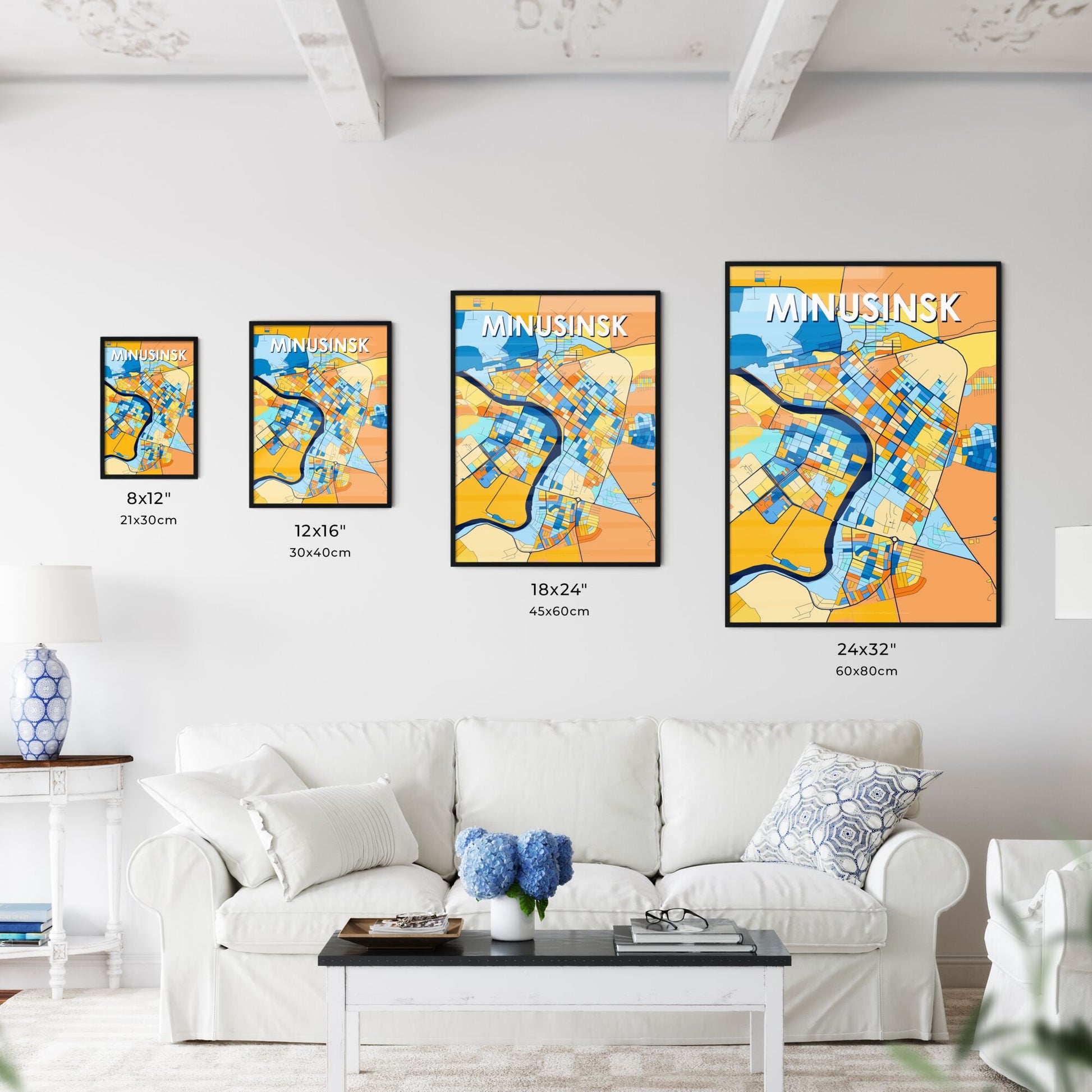 MINUSINSK RUSSIA Vibrant Colorful Art Map Poster Blue Orange