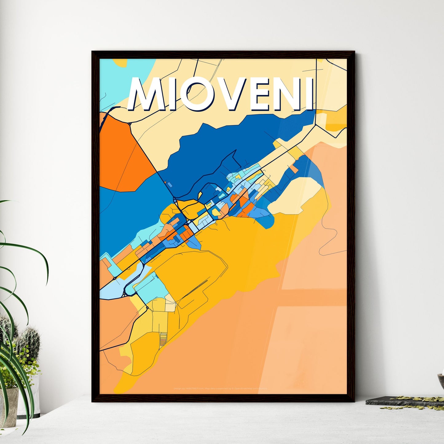 MIOVENI ROMANIA Vibrant Colorful Art Map Poster Blue Orange