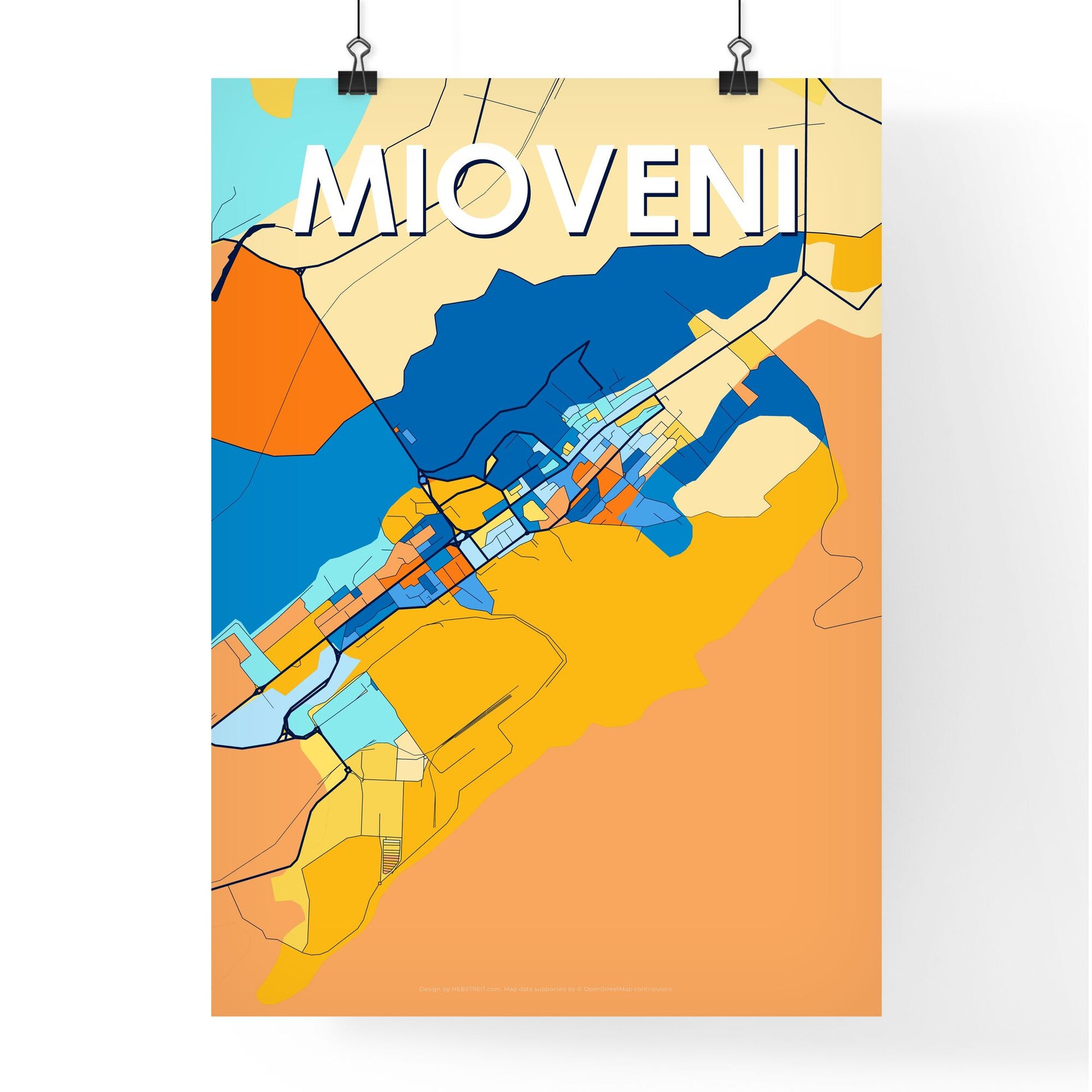 MIOVENI ROMANIA Vibrant Colorful Art Map Poster Blue Orange