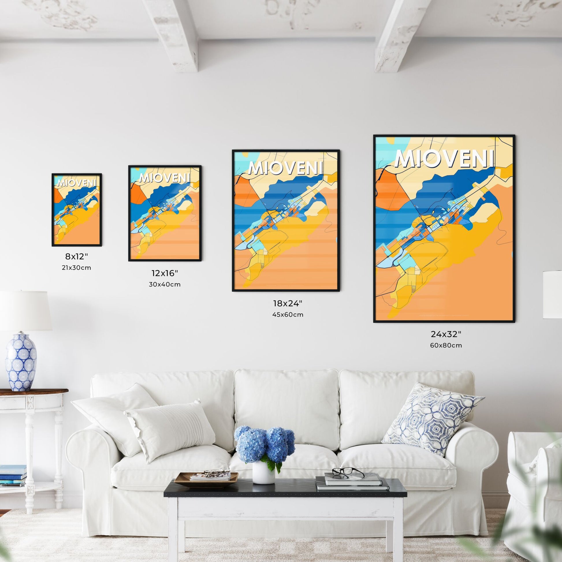 MIOVENI ROMANIA Vibrant Colorful Art Map Poster Blue Orange