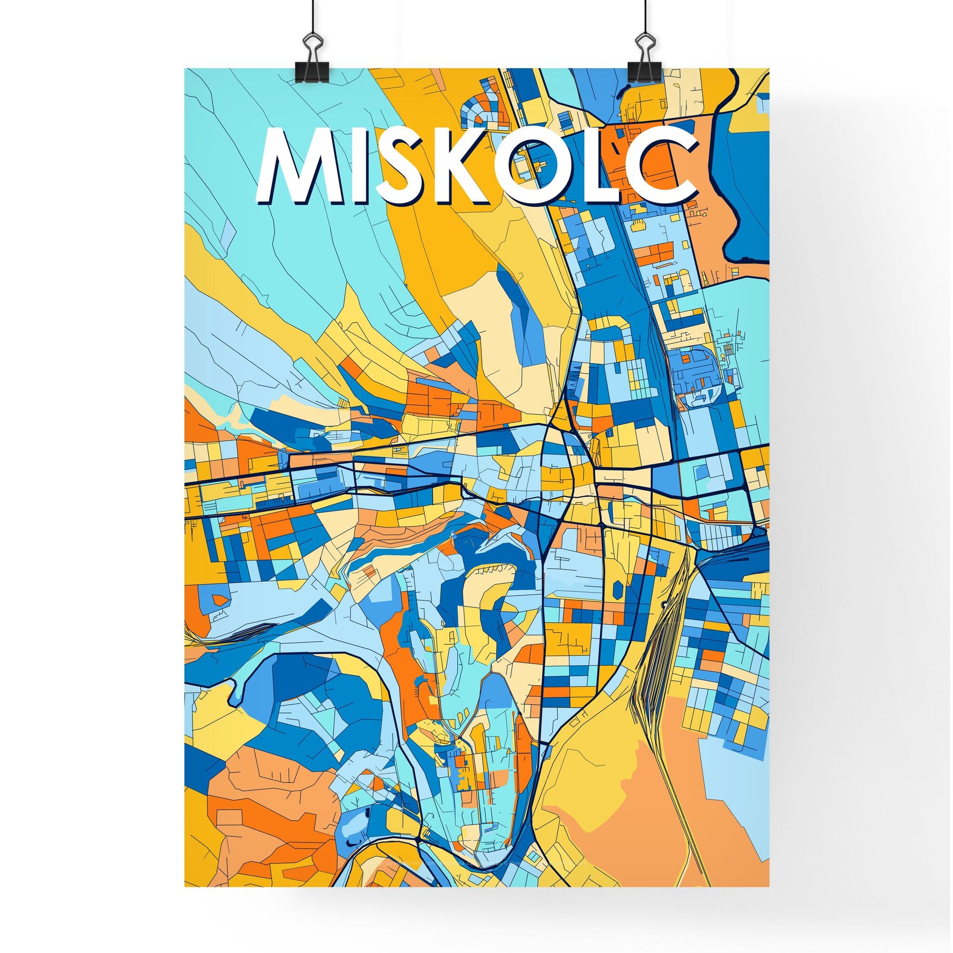 MISKOLC HUNGARY Vibrant Colorful Art Map Poster Blue Orange