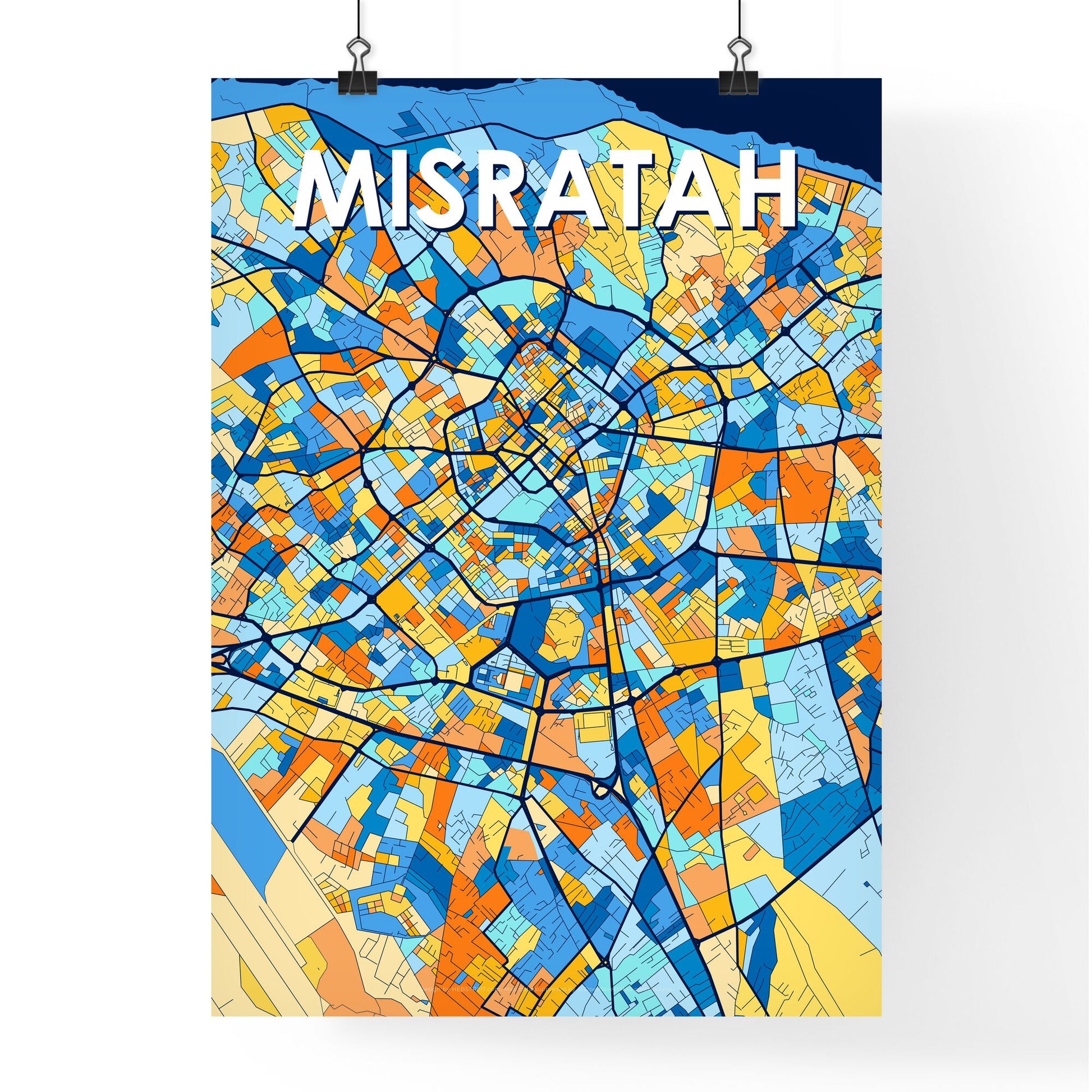 MISRATAH LIBYA Vibrant Colorful Art Map Poster Blue Orange