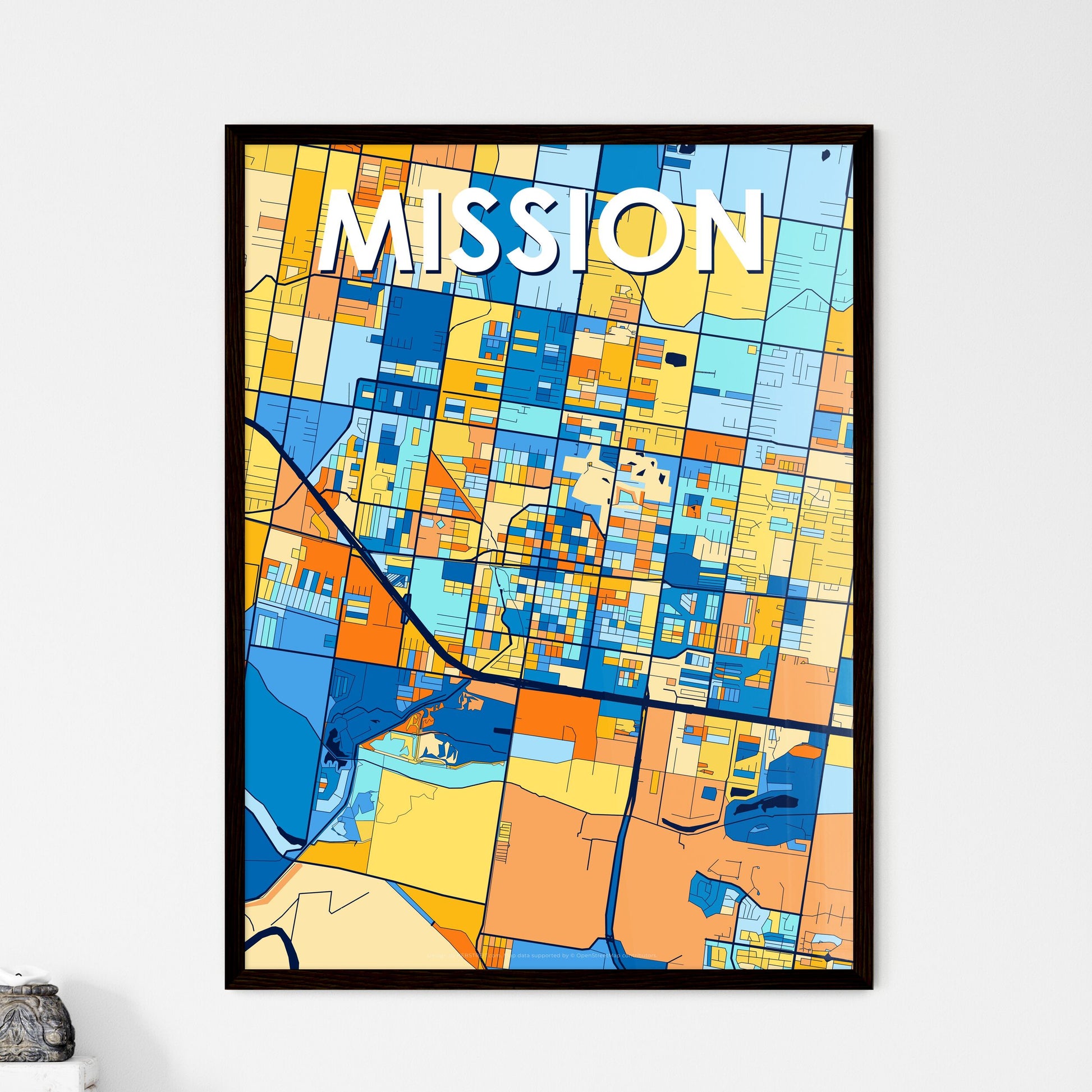 MISSION TEXAS Vibrant Colorful Art Map Poster Blue Orange