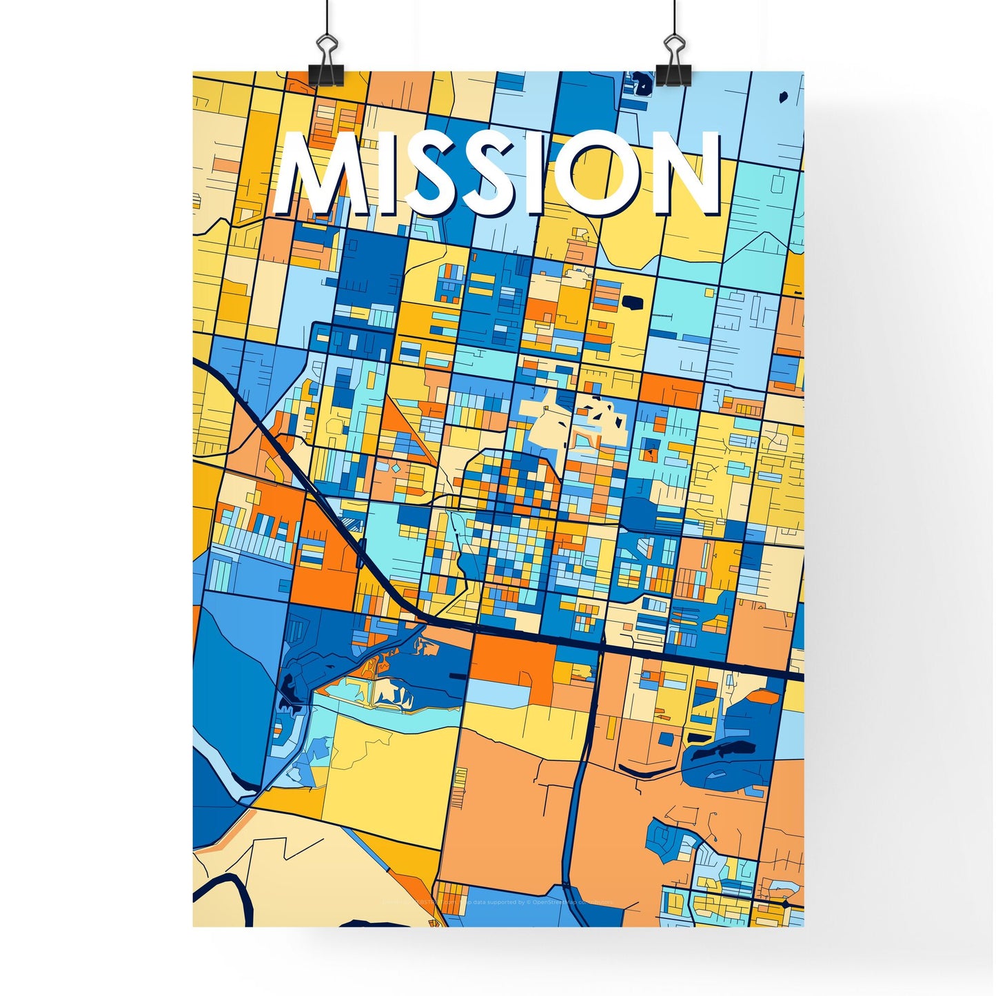 MISSION TEXAS Vibrant Colorful Art Map Poster Blue Orange