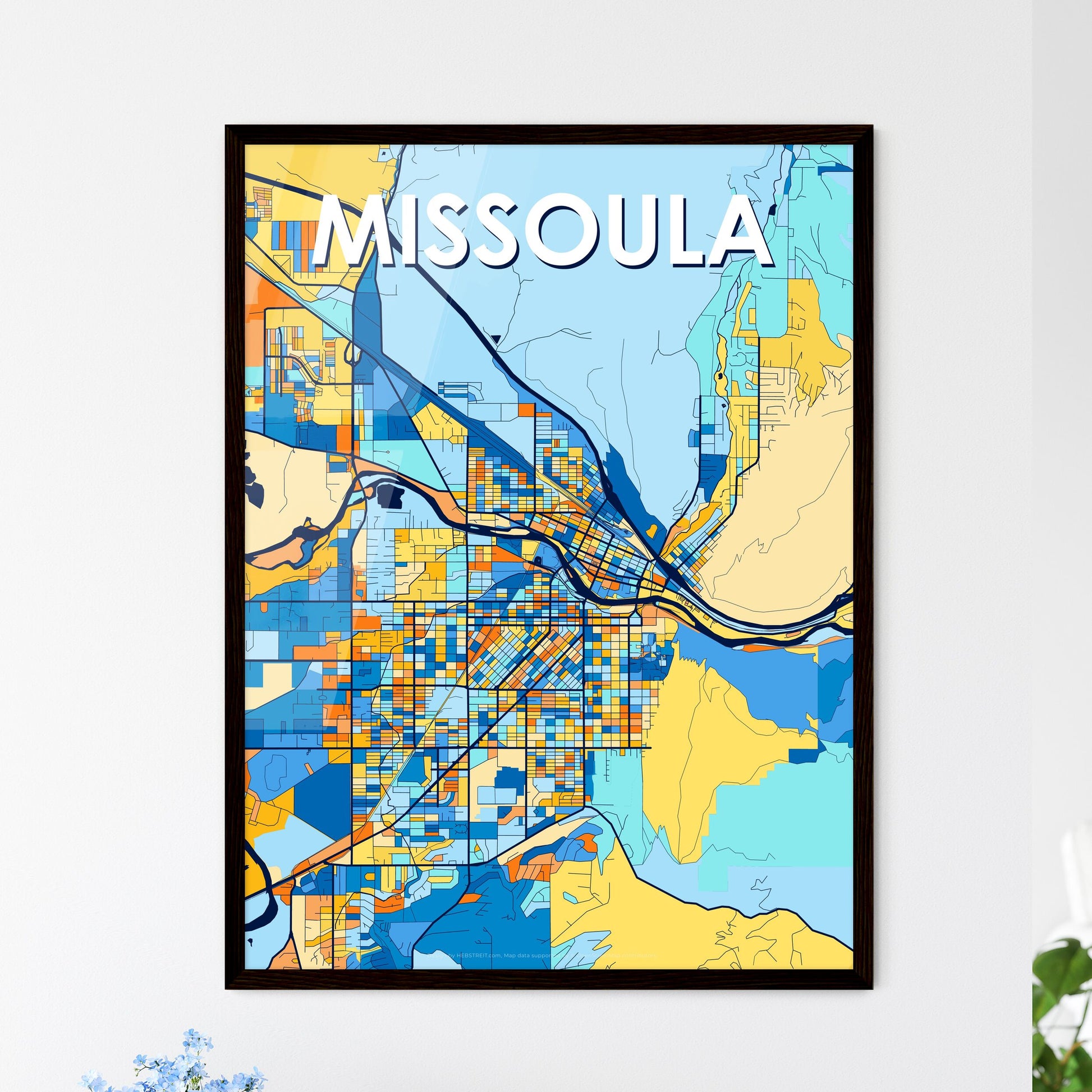 MISSOULA MONTANA Vibrant Colorful Art Map Poster Blue Orange