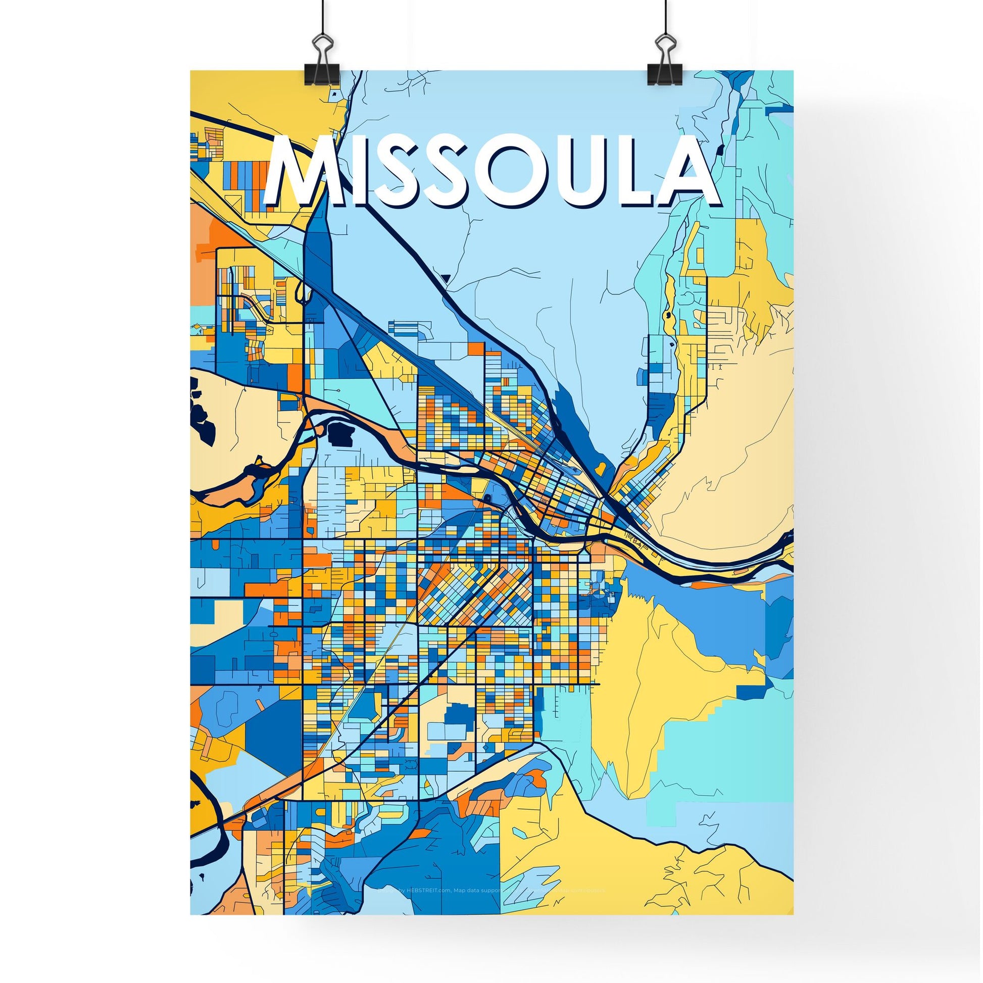 MISSOULA MONTANA Vibrant Colorful Art Map Poster Blue Orange